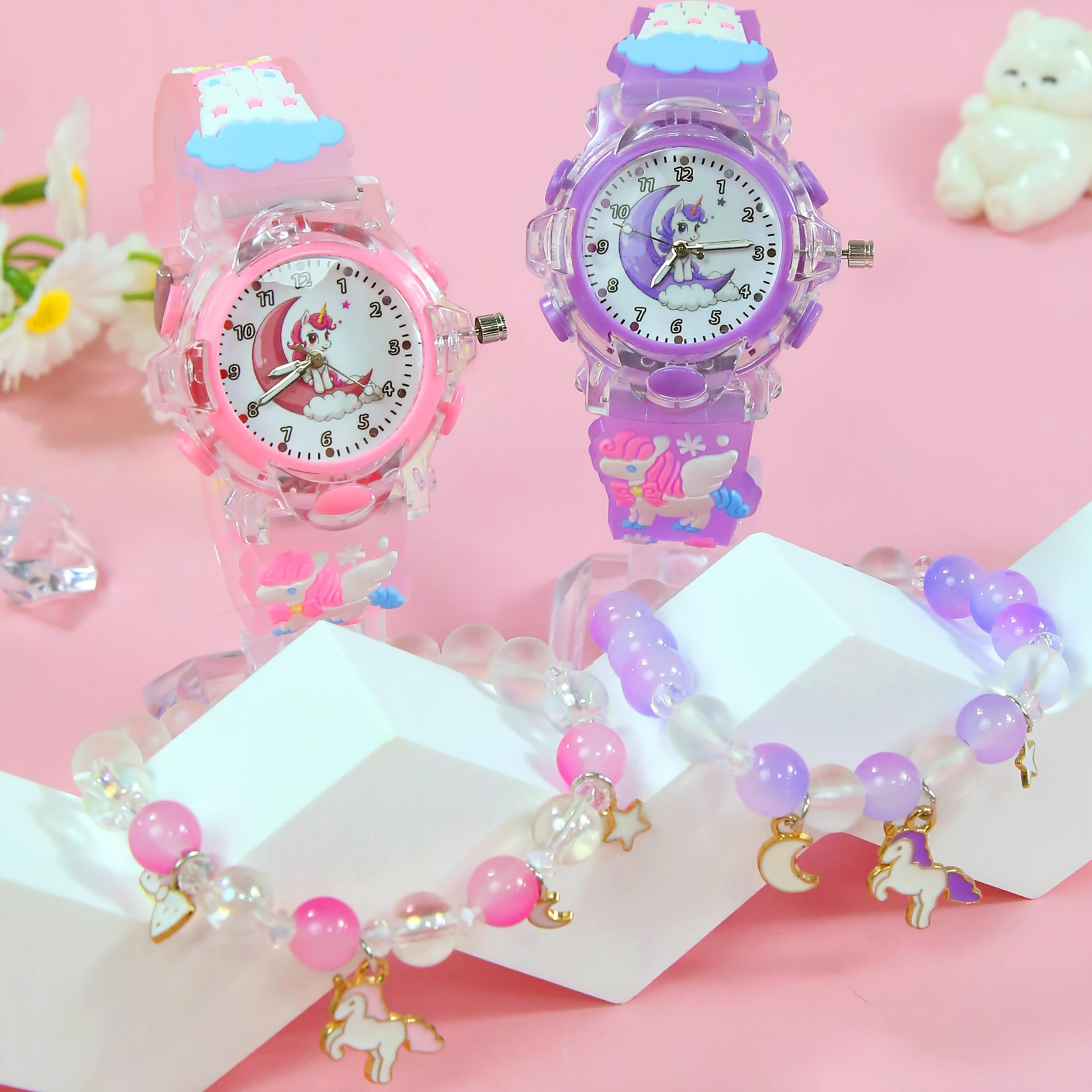 2pcs Unicorn Quartz Watch Set European American Sweet Style LED Night Light