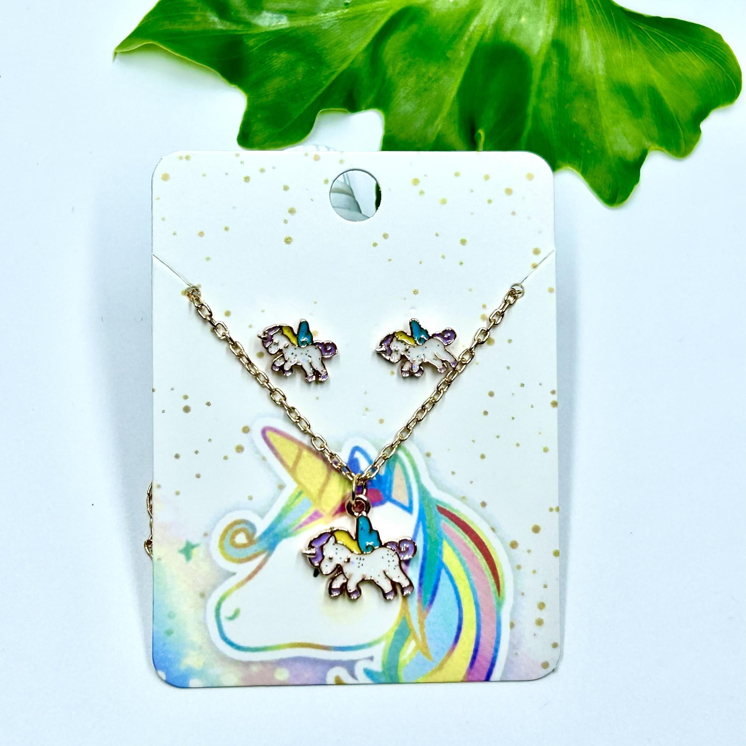 Cartoon Dripping Unicorn Necklace & Earrings Set For Girls