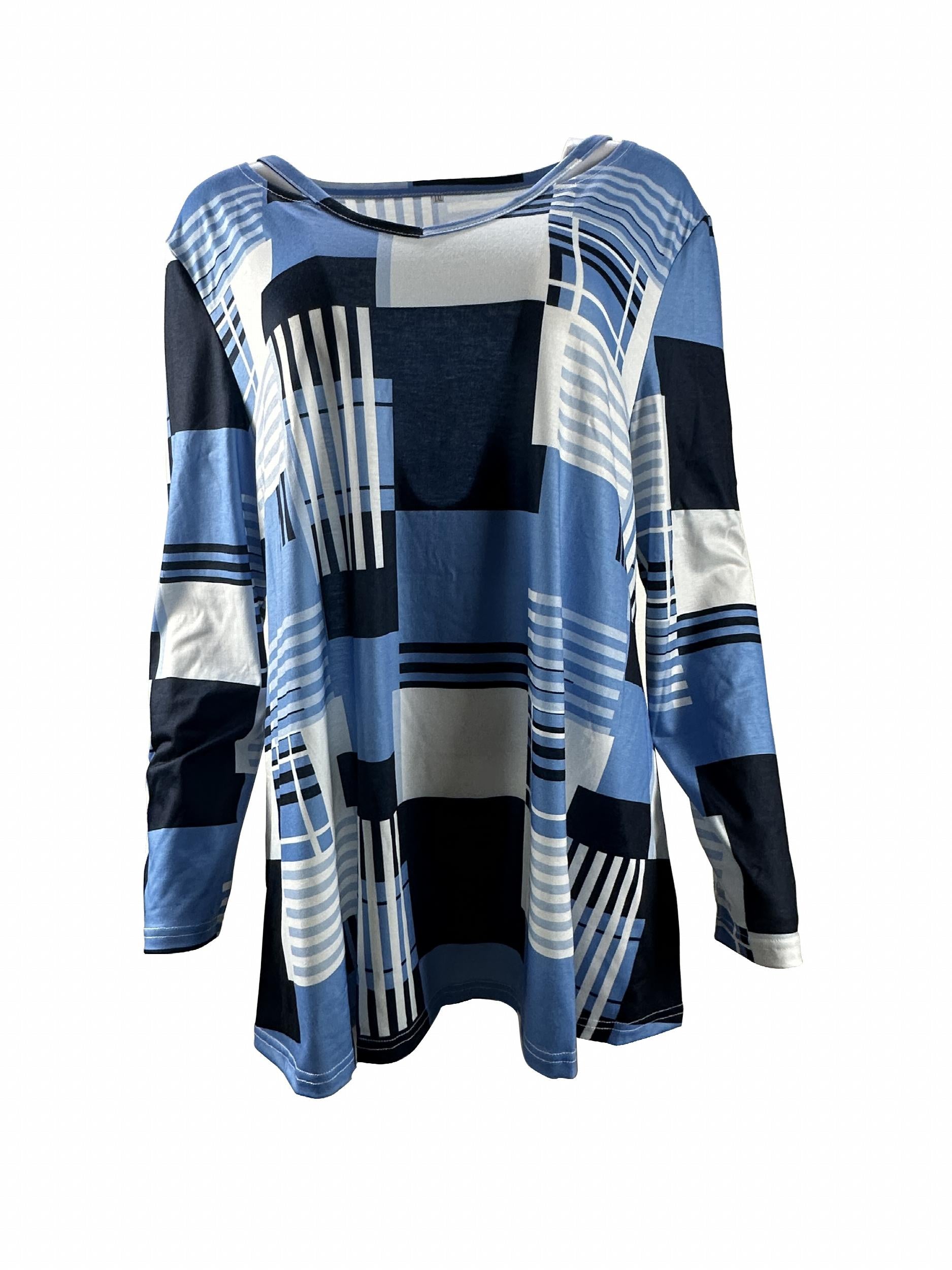 Colorblock Geo Print Long Sleeve V Neck Tunic Top