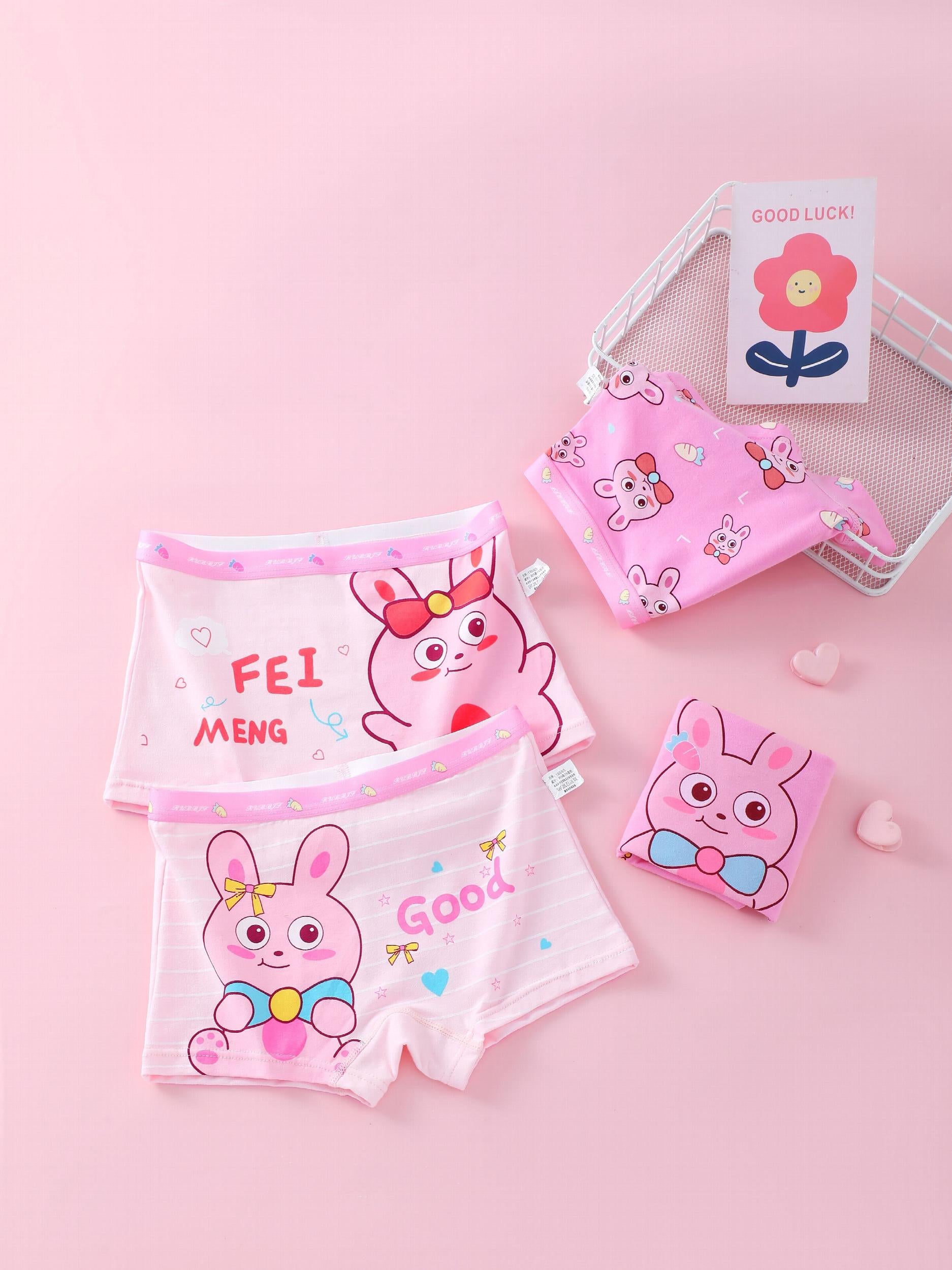 4pcs Girl's Boxer Briefs Rabbit Print Elastic Waist Shorts Cotton Soft Underwear