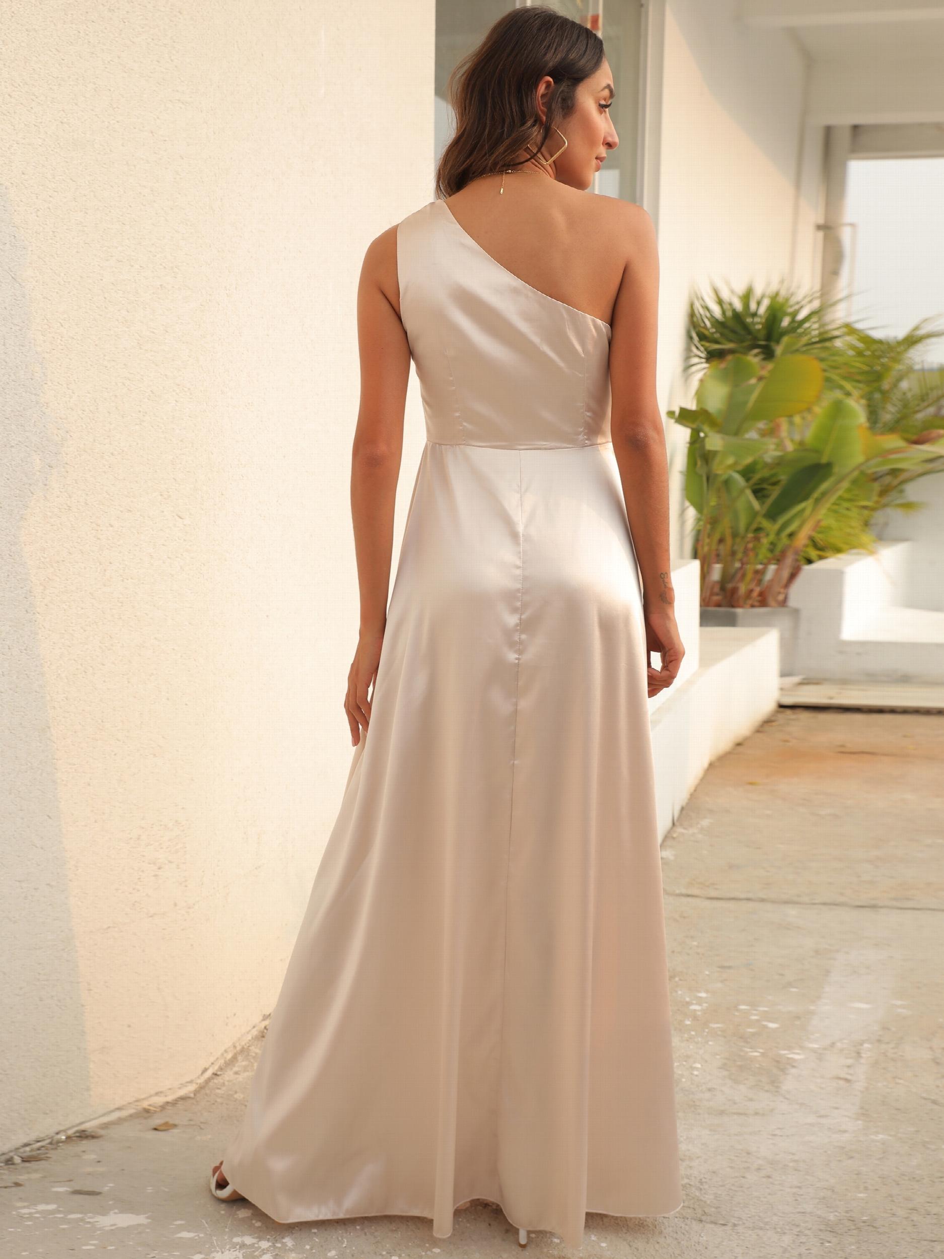 One Shoulder Split Bridesmaid Prom Dress Solid Guest Evening Gown