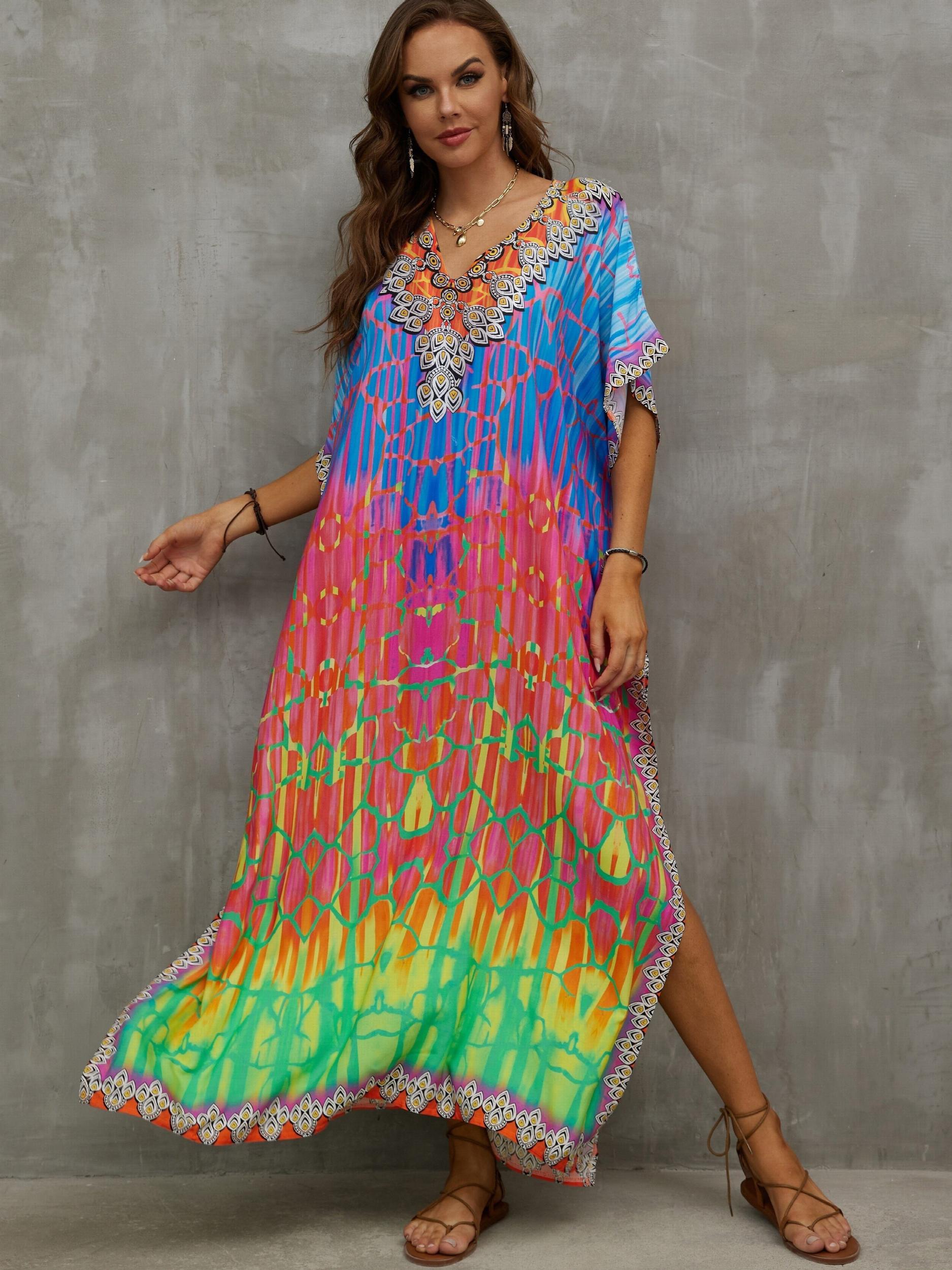 Boho Dress Women's Plus Floral Tie Dye Print V Neck Side Split Kaftan