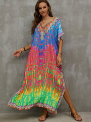 Boho Dress Women's Plus Floral Tie Dye Print V Neck Side Split Kaftan