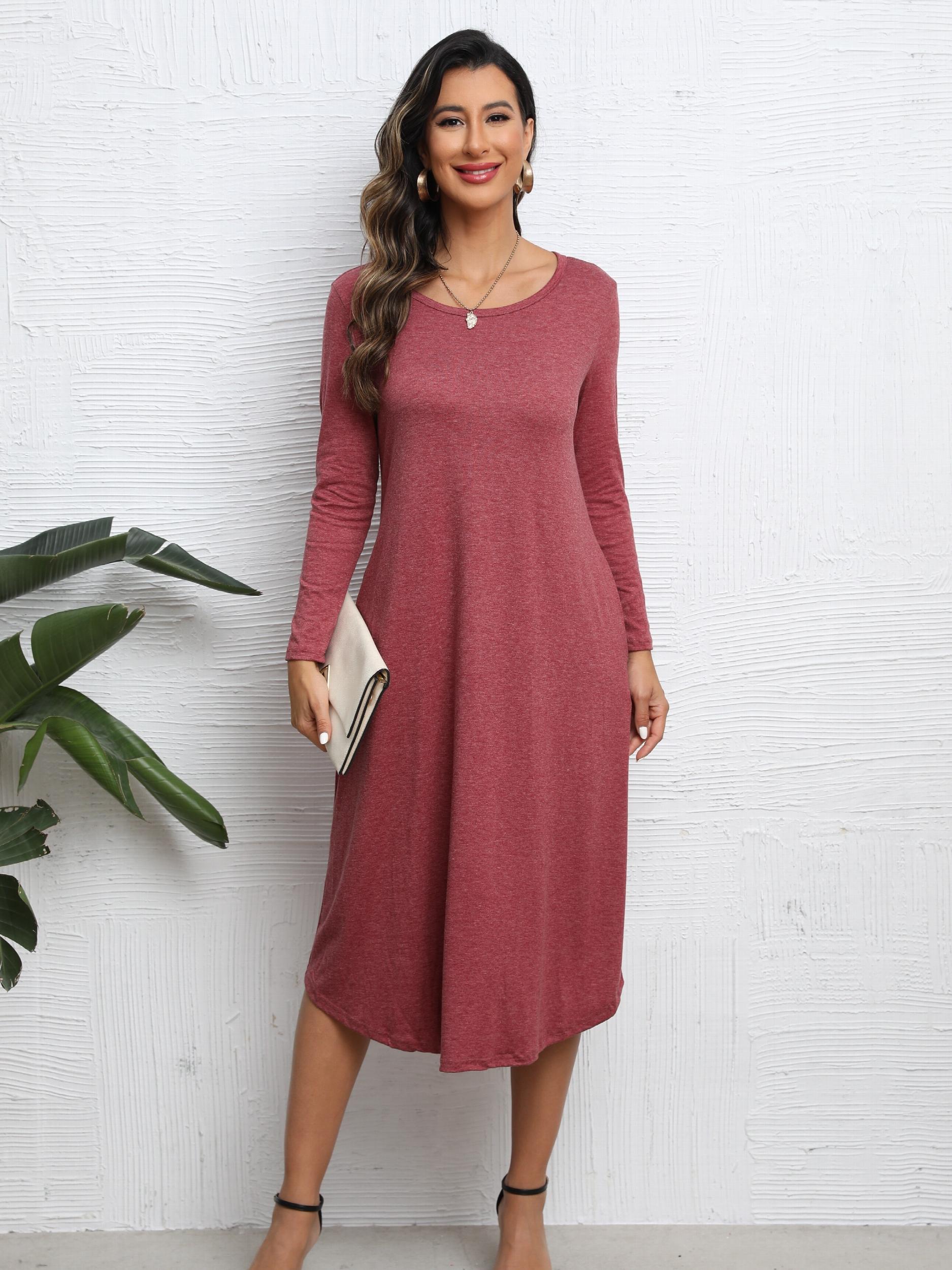 Solid Crew Neck Long Sleeve Midi Dress Women's Clothing