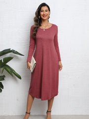 Solid Crew Neck Long Sleeve Midi Dress Women's Clothing