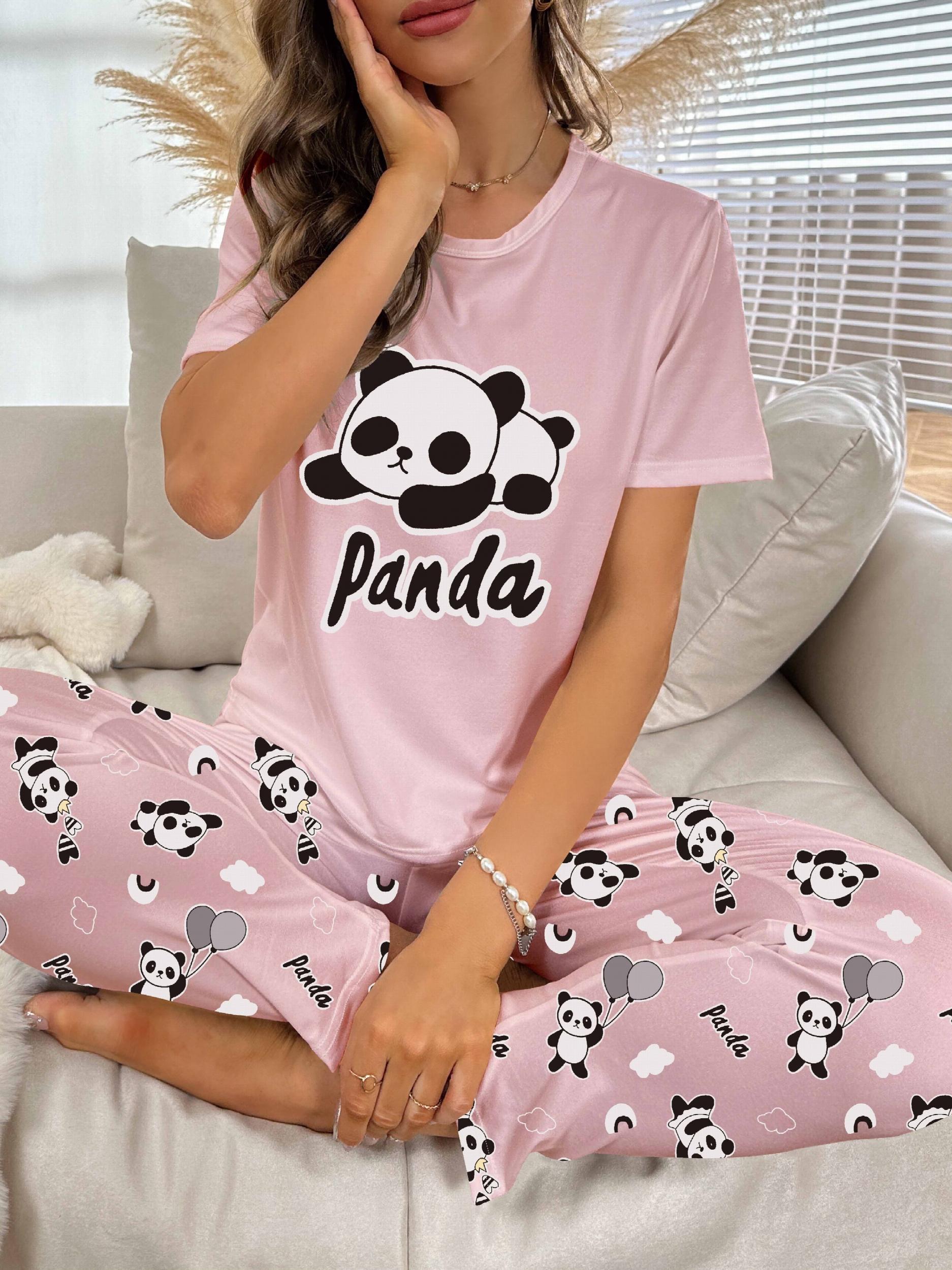 Panda Print Pajama Set Short Sleeve Top & Pants