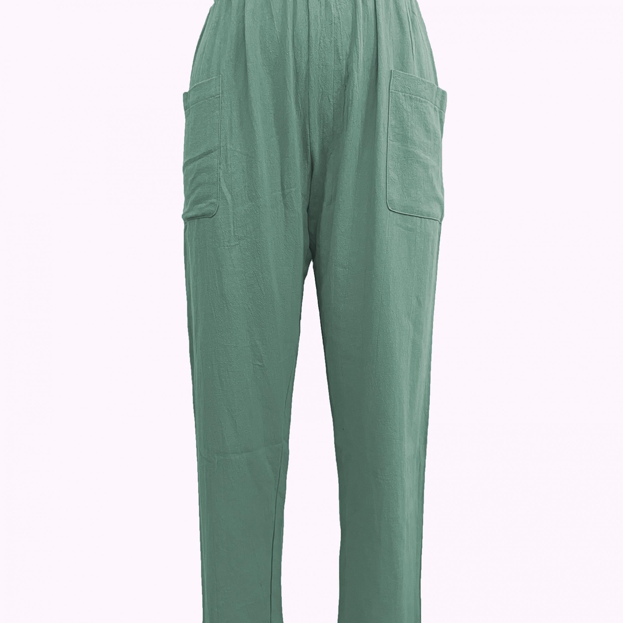 Elastic Waist Pocket Cropped Pants Casual Loose Pants