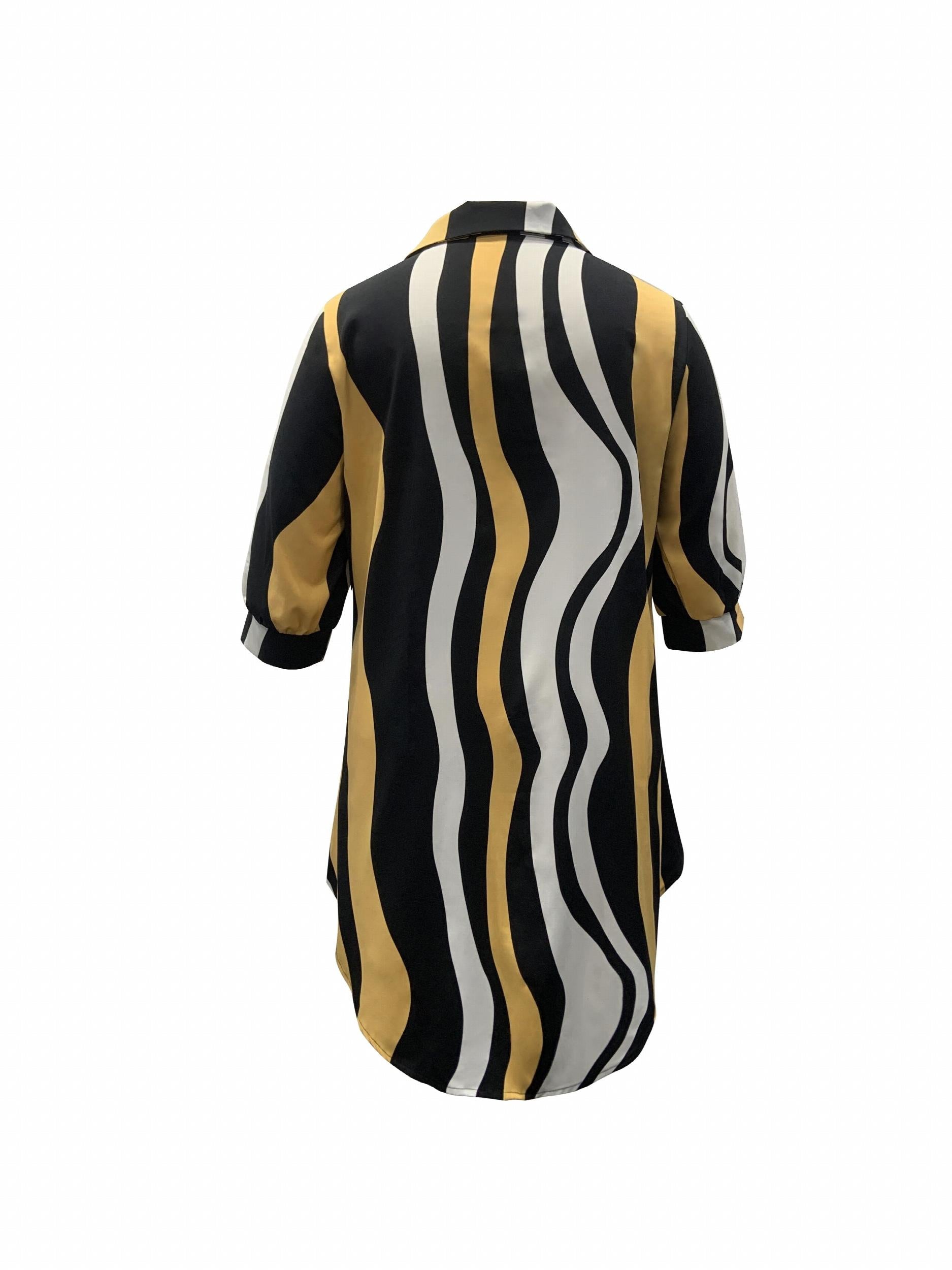 Colorblock Stripe Print Button Up Short Sleeve Blouse