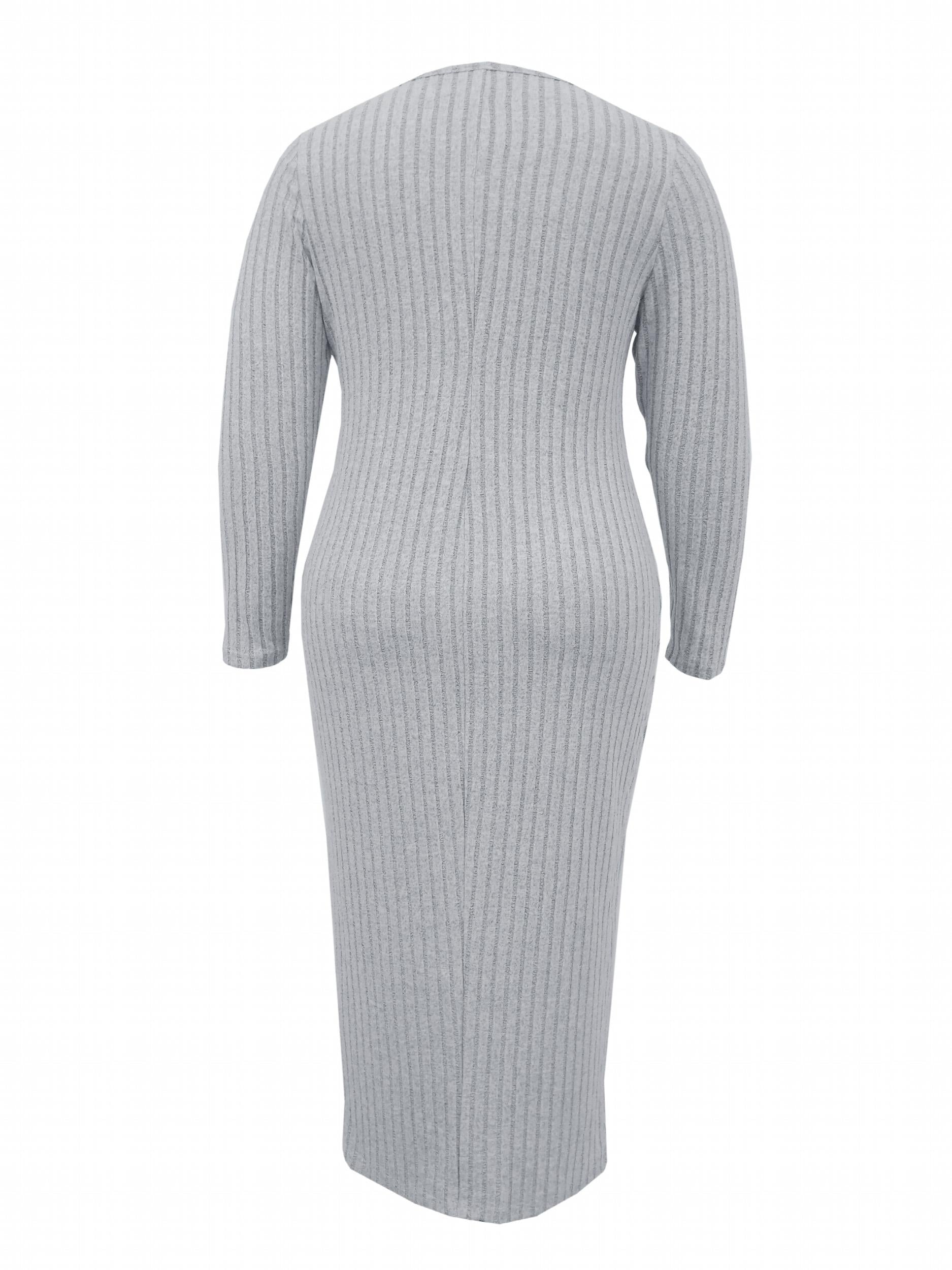 Women's Ribbed Button Up Long Sleeve V Neck Maxi Dress