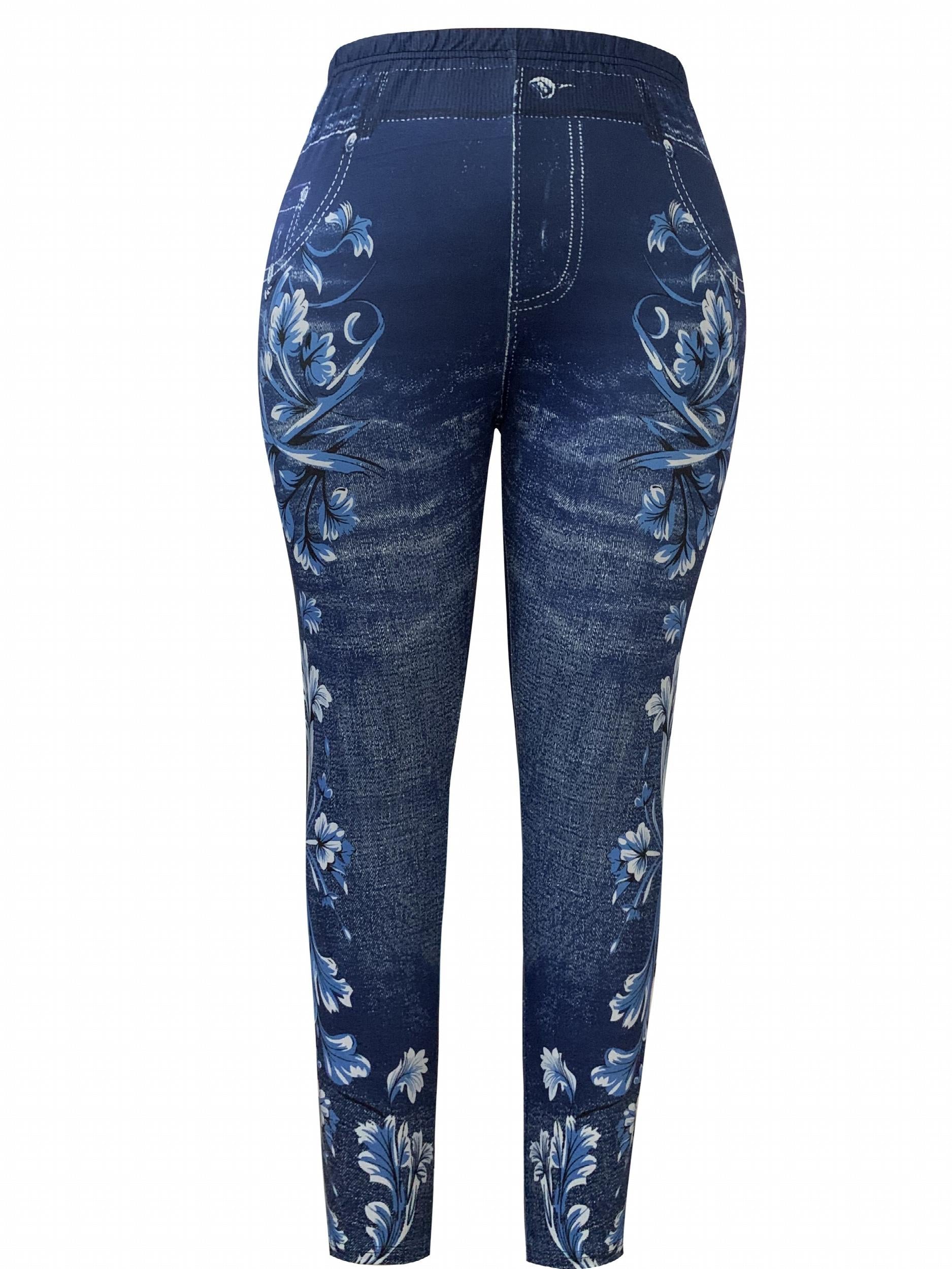Floral & Denim Print High Rise Leggings