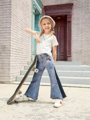 Girls Cotton Flared Faux Denim Print Bell Bottom Pants Soft Comfortable
