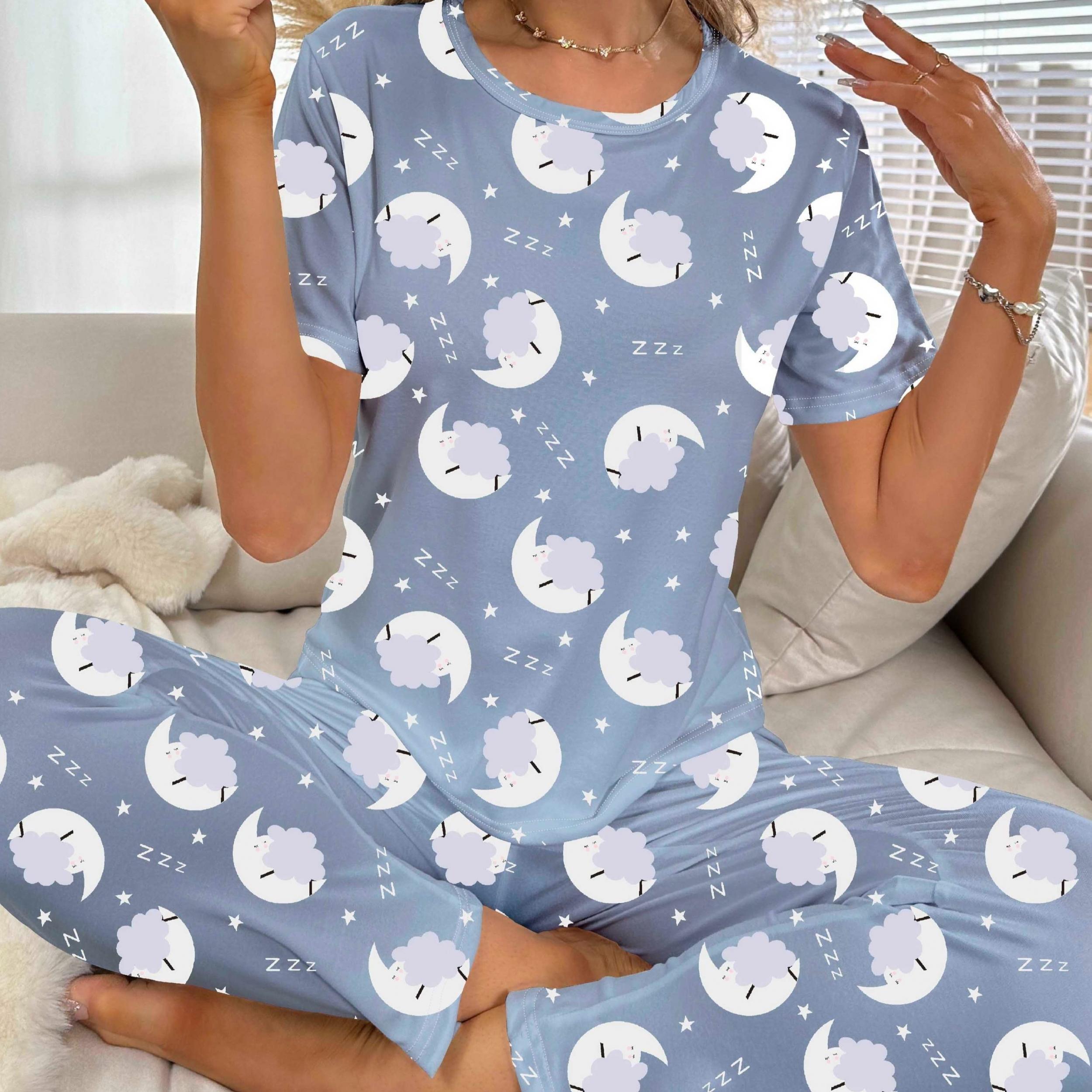 Moon & Cloud Pajama Set Short Sleeve Top & Pants Women's Sleepwear
