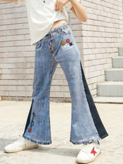 Girls Cotton Flared Faux Denim Print Bell Bottom Pants Soft Comfortable