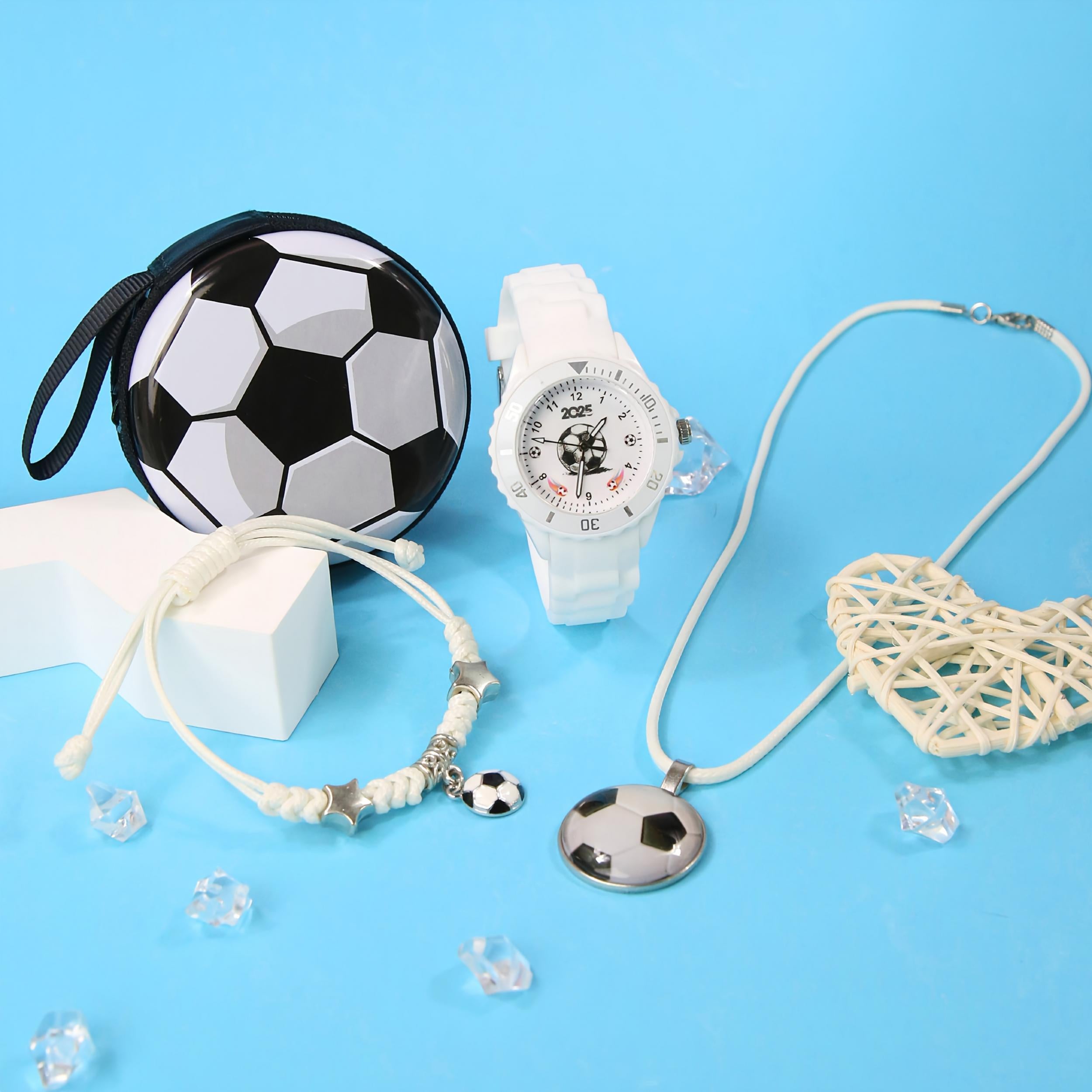 4pcs Boys' Quartz Watch Set Sport Style Silicone Strap Football Design
