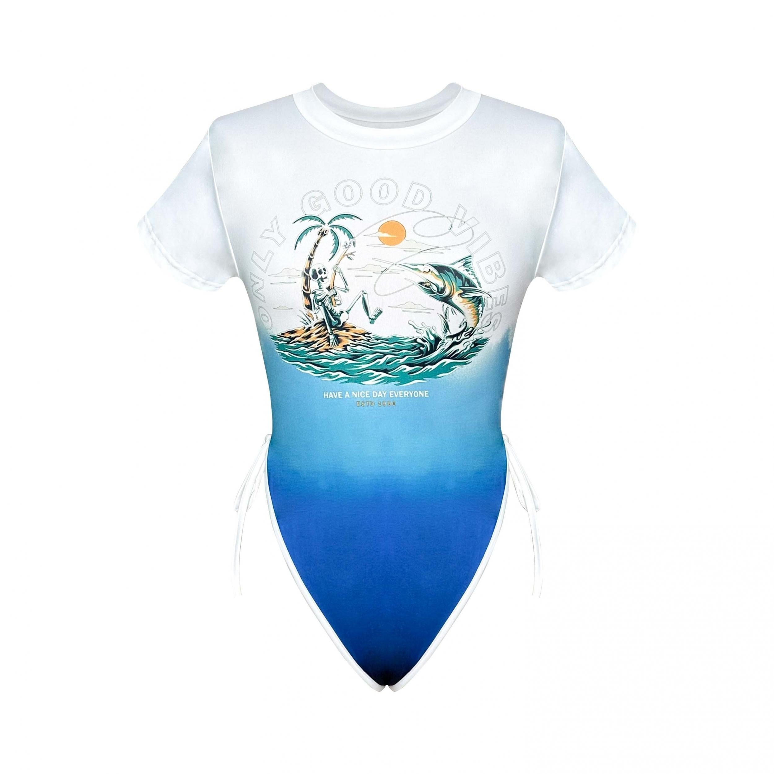 Y2K Graphic Print Crew Neck Bodysuit Short Sleeve Slim