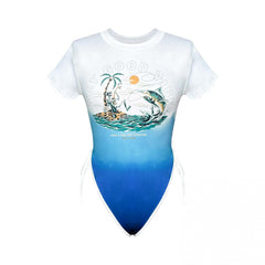 Y2K Graphic Print Crew Neck Bodysuit Short Sleeve Slim