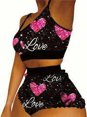 Sexy Pajama Set Splash & Heart Print Crop Cami Top & Shorts