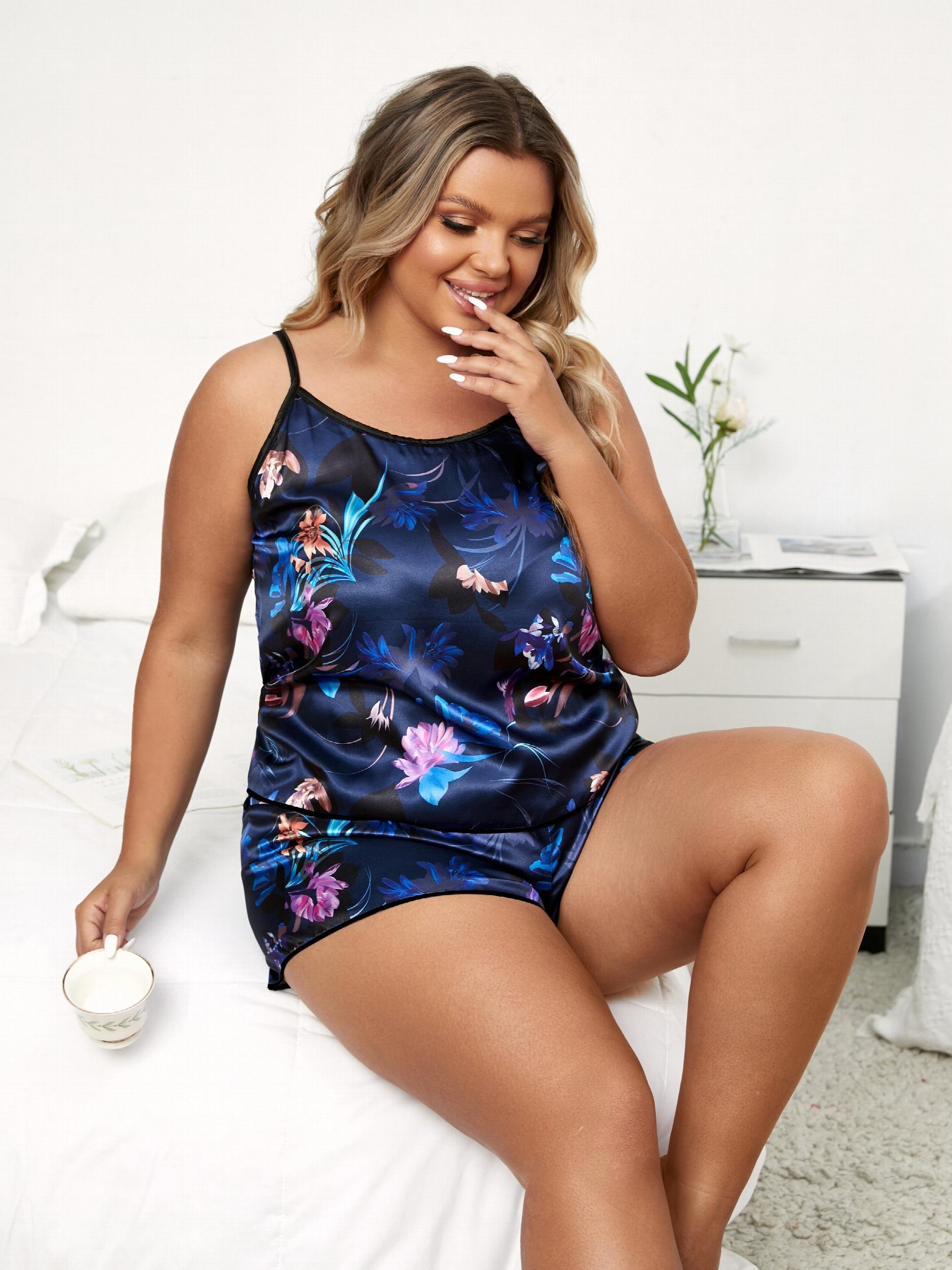 Boho Floral Print Satin Cami Top & Shorts 2pcs Set