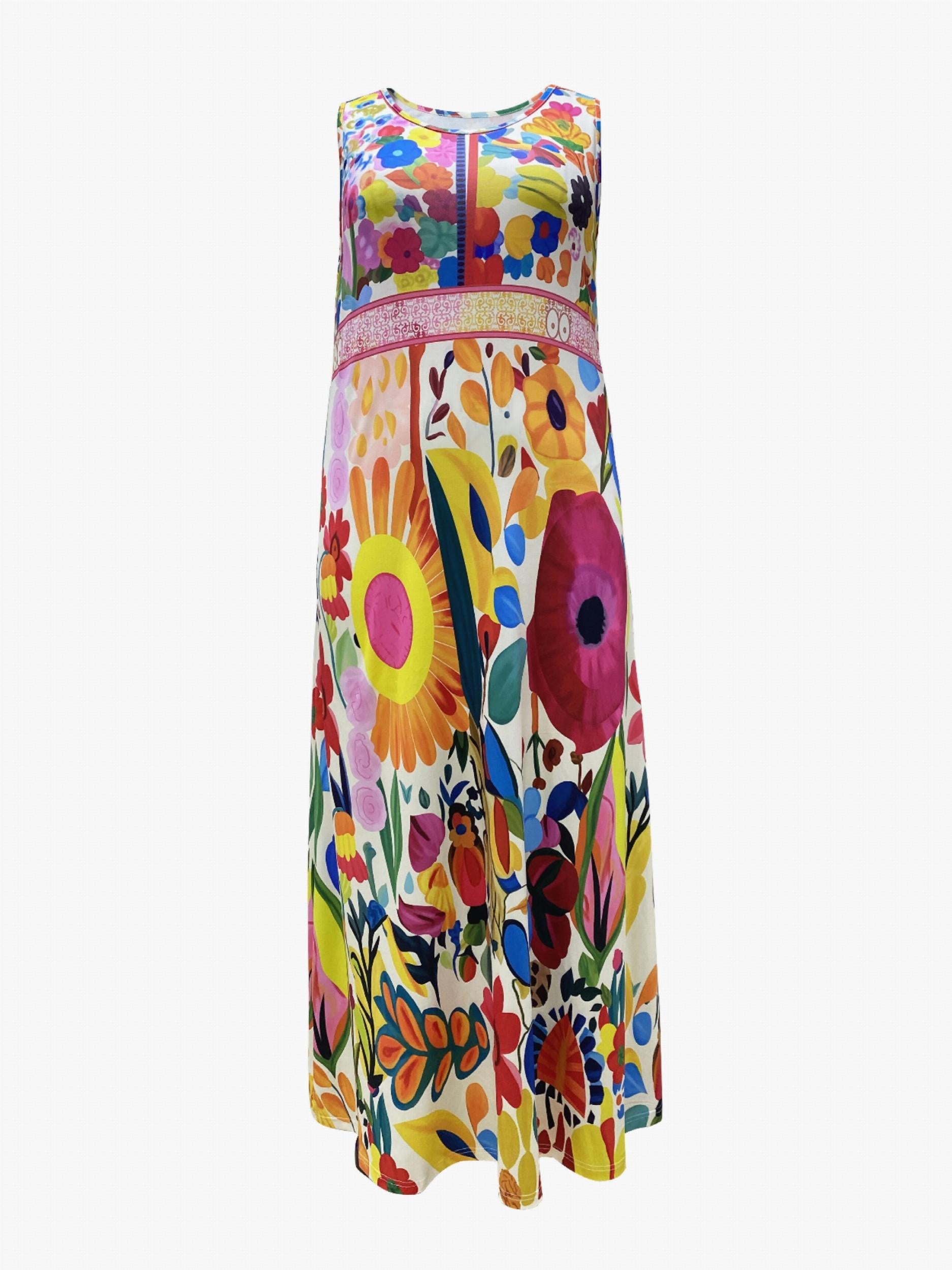 Casual Tank Dress Women's Plus Floral Print Maxi Tank Dress