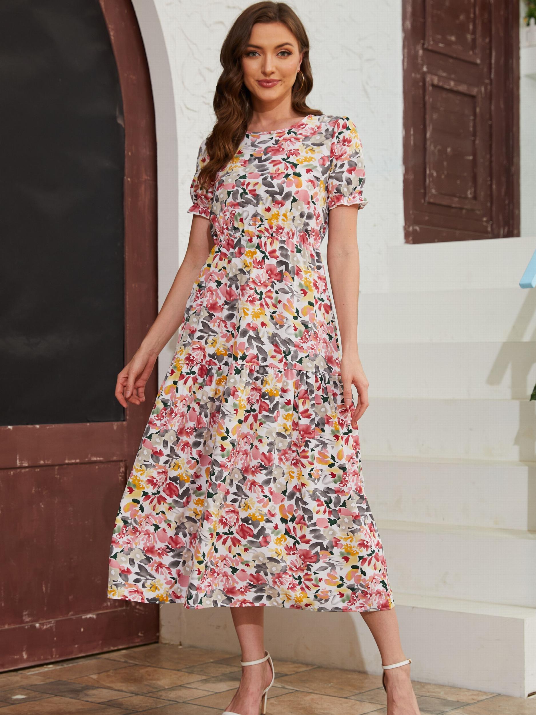 Floral Print Short Sleeve Dress for Spring & Summer