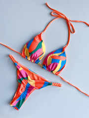 Tropical Print Bikini Set Halter V Neck High Cut Thong 2 Piece Swimwear