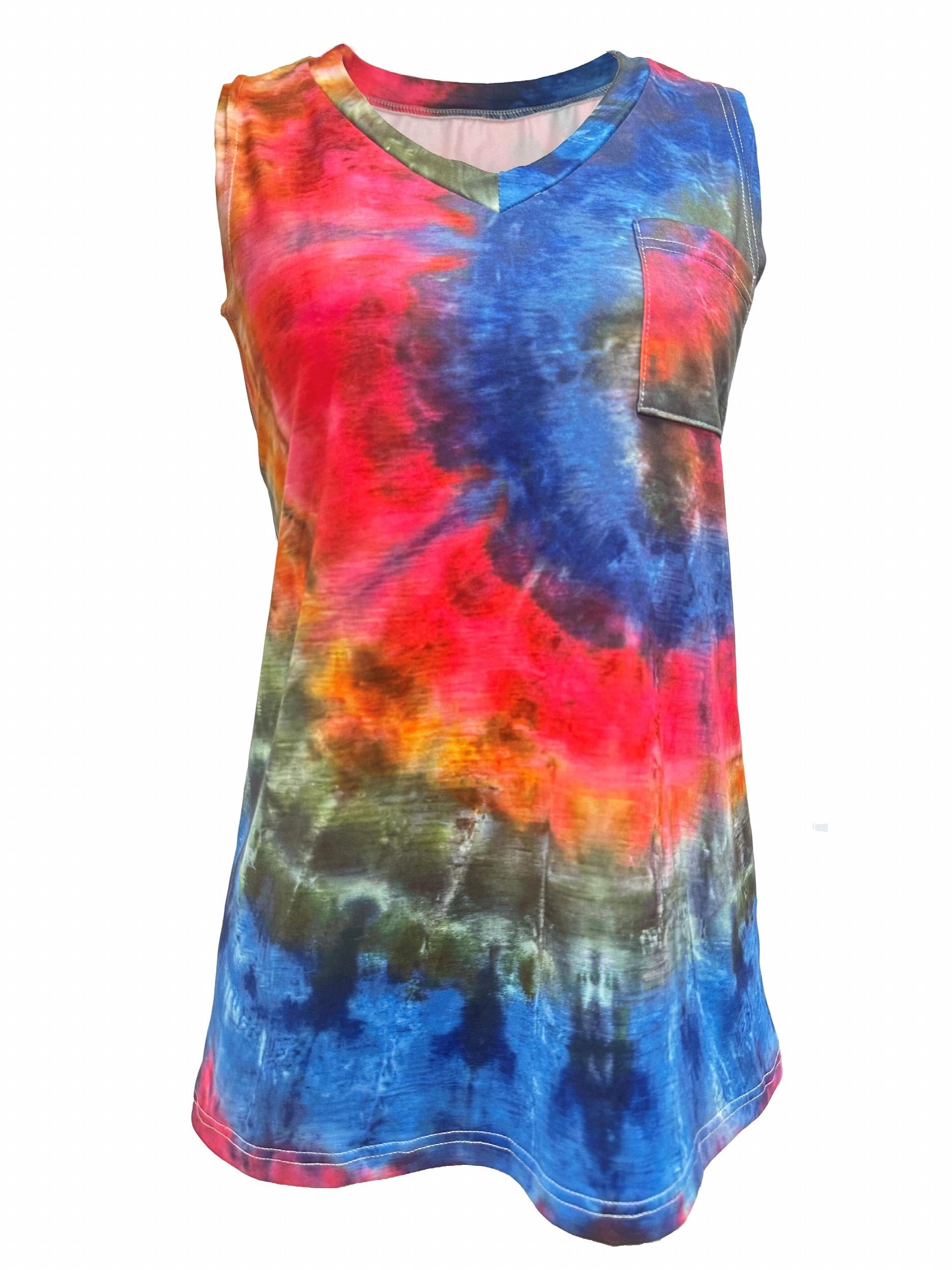 Tie Dye Print Pocket Tank Top V Neck Summer Sleeveless