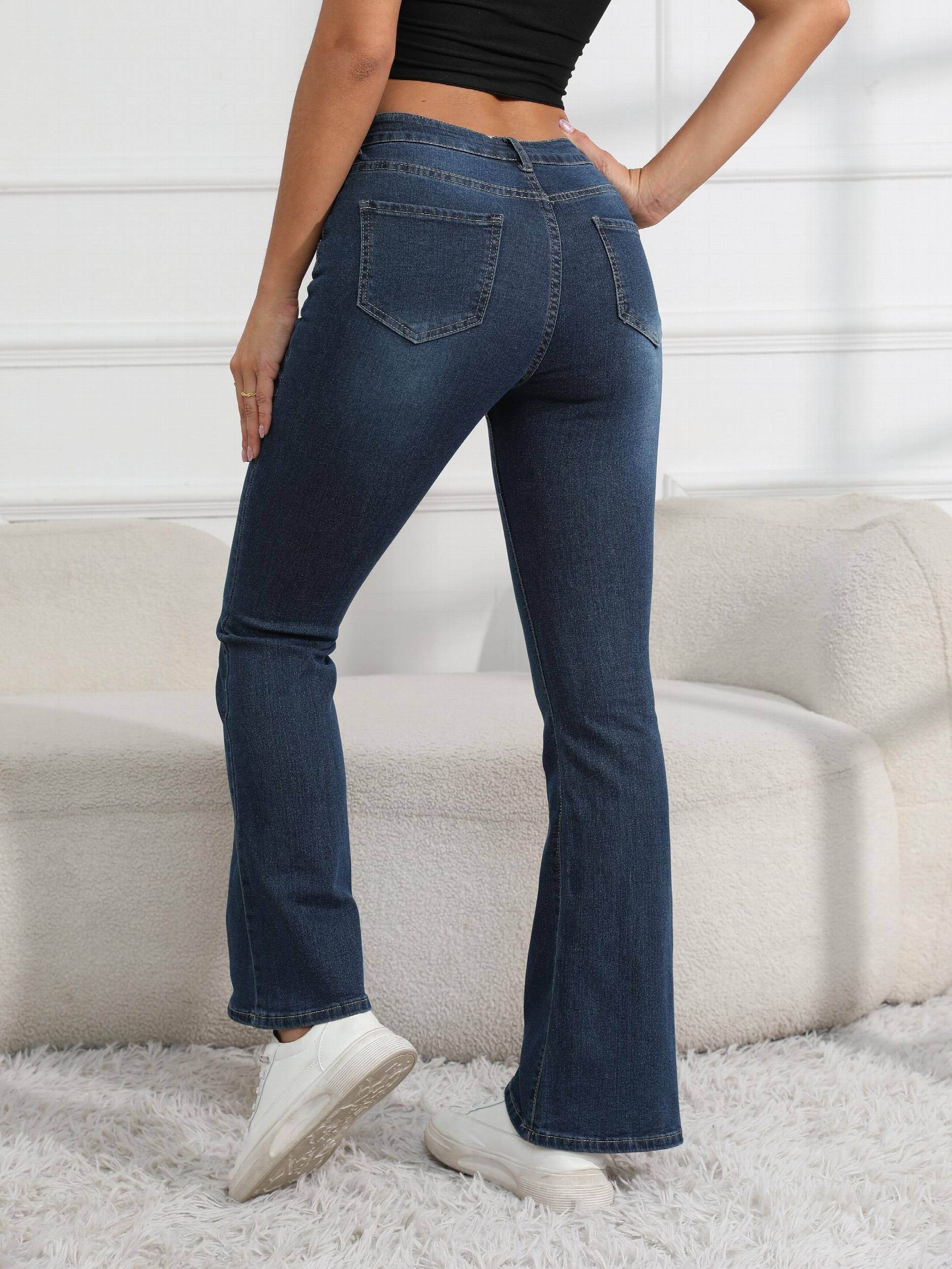 Dark Flared Jeans Bell Bottom Slash Pockets Wide Legs Denim Pants