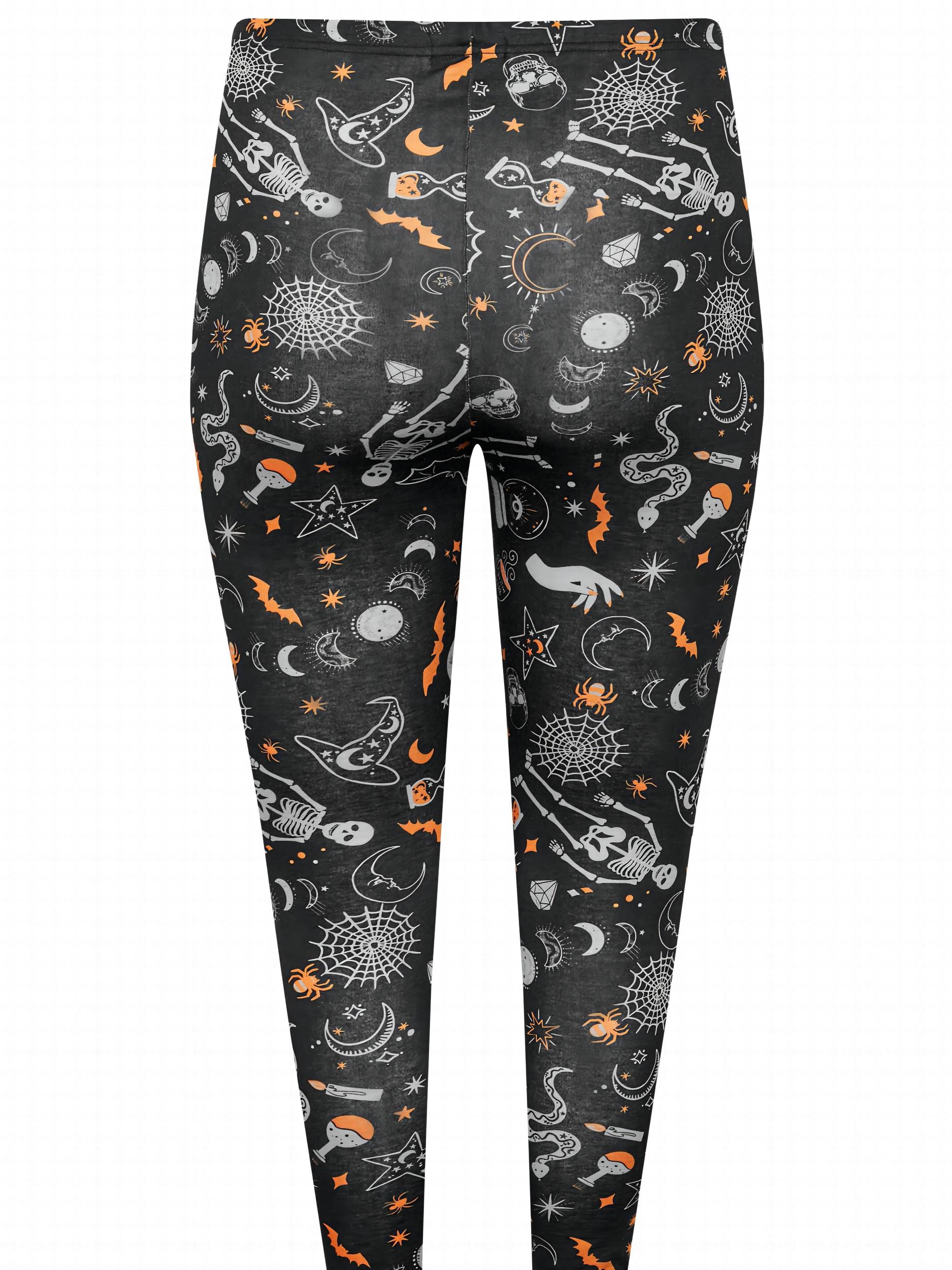 Skull & Bat Print High Rise Sports Leggings for Plus Size Women