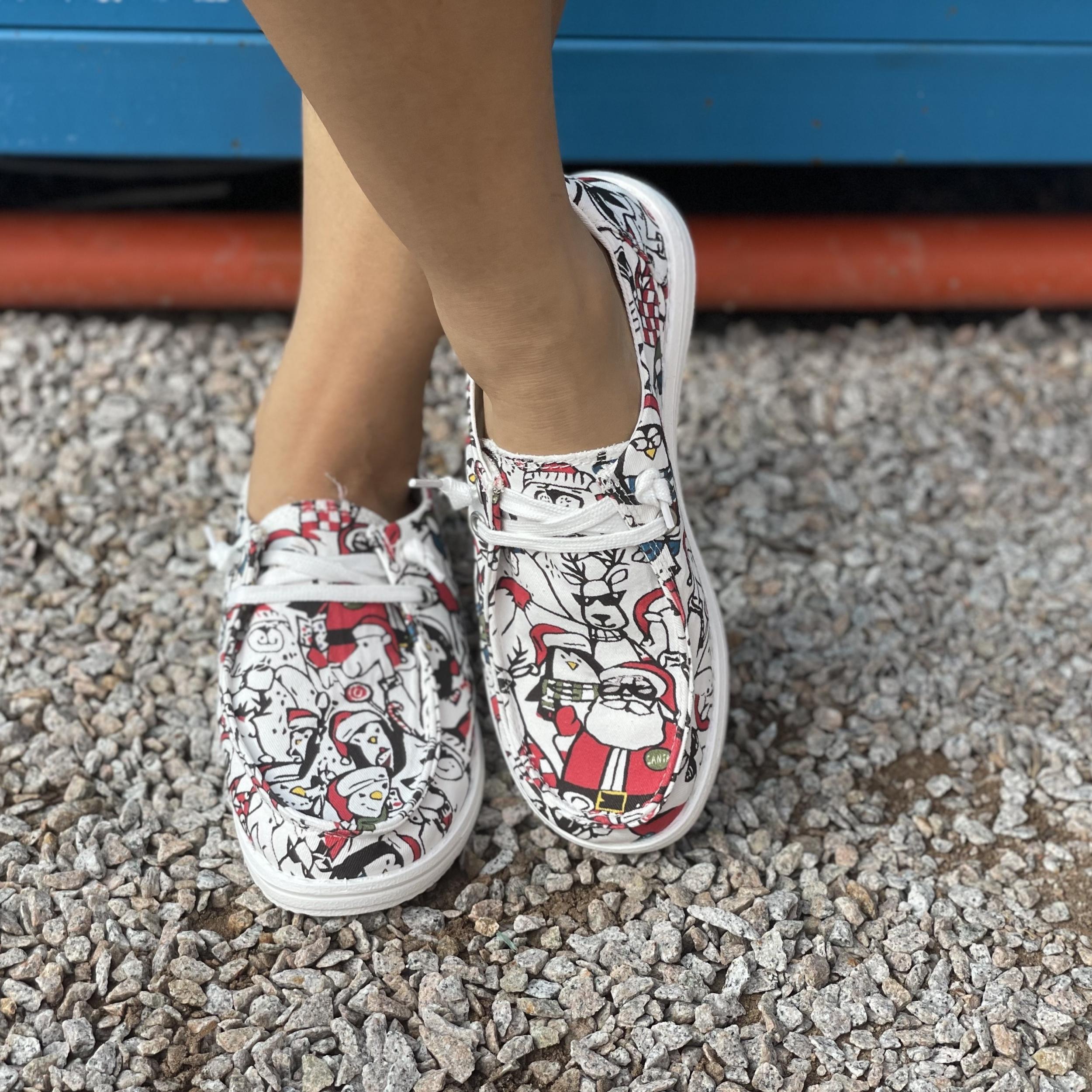 Women's Christmas Pattern Canvas Shoes Casual Slip On Lightweight Shoes