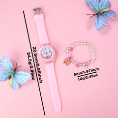 Girls' Quartz Watch & Bracelet Set LED Glow in Dark Butterfly Beads