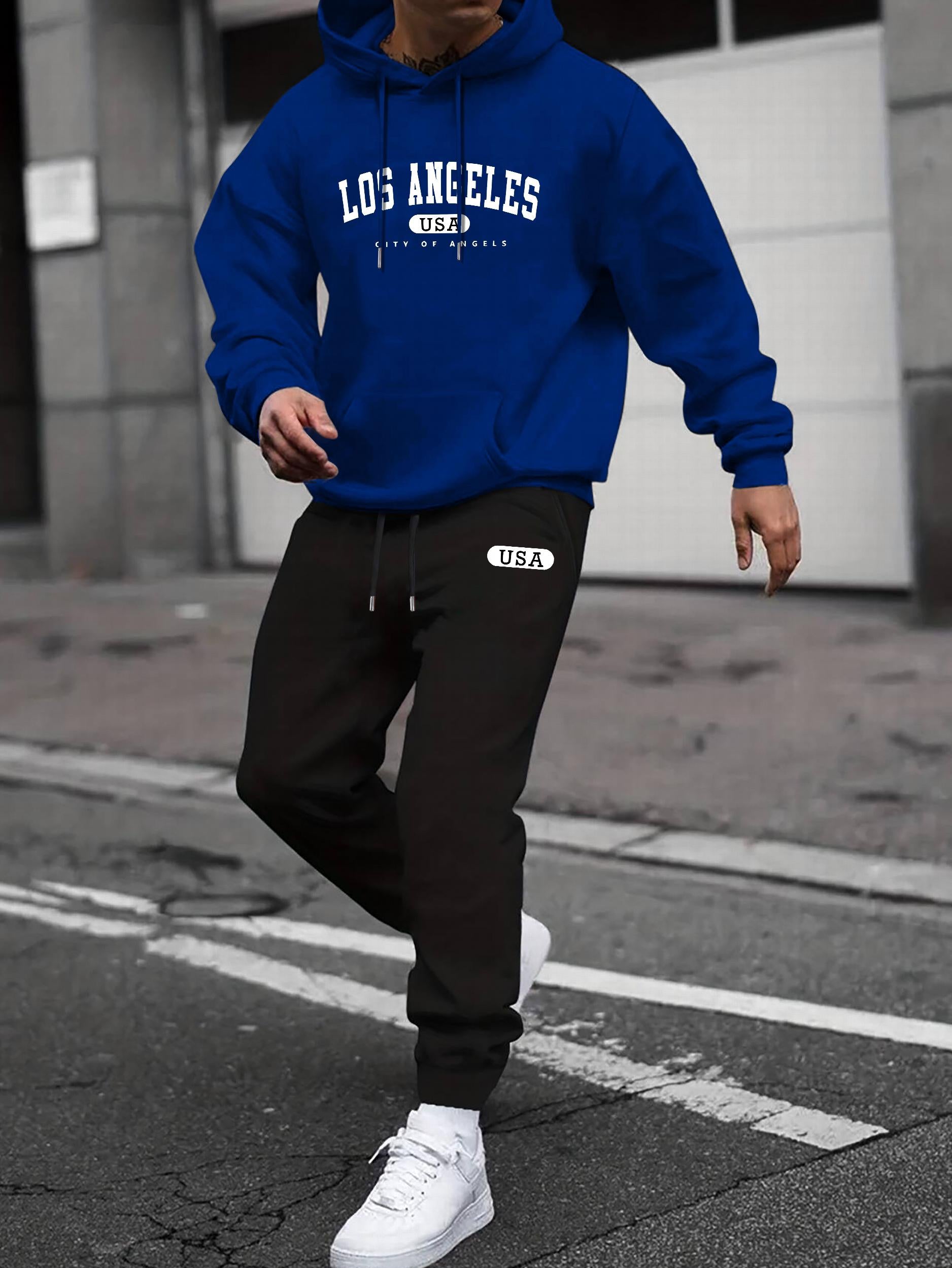 LA Men's 2Pcs Casual Crew Neck T Shirt Hooded Sweatshirt & Sweatpants Set