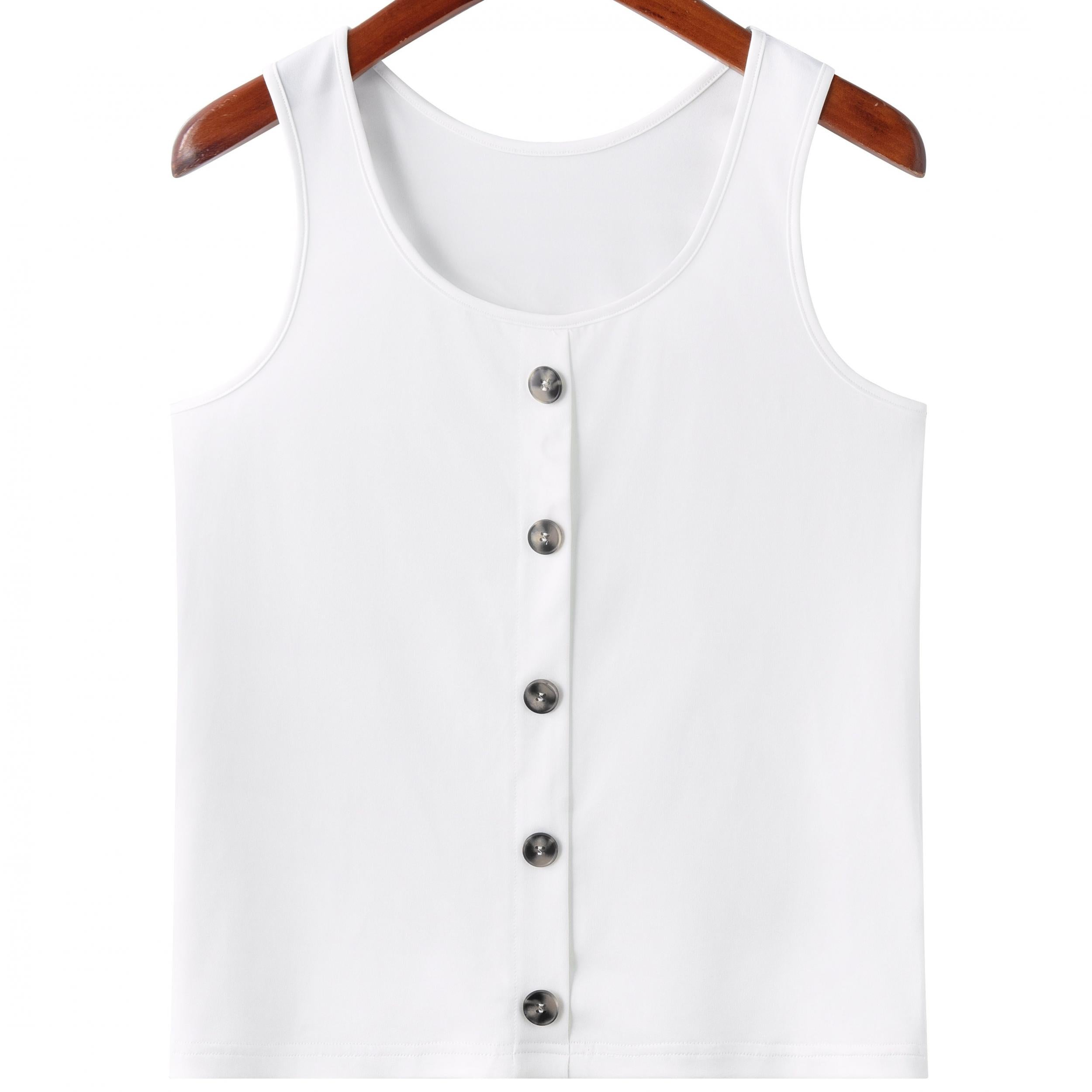 Button Front Tank Top Crew Neck Sleeveless Casual Summer Women's Clothing