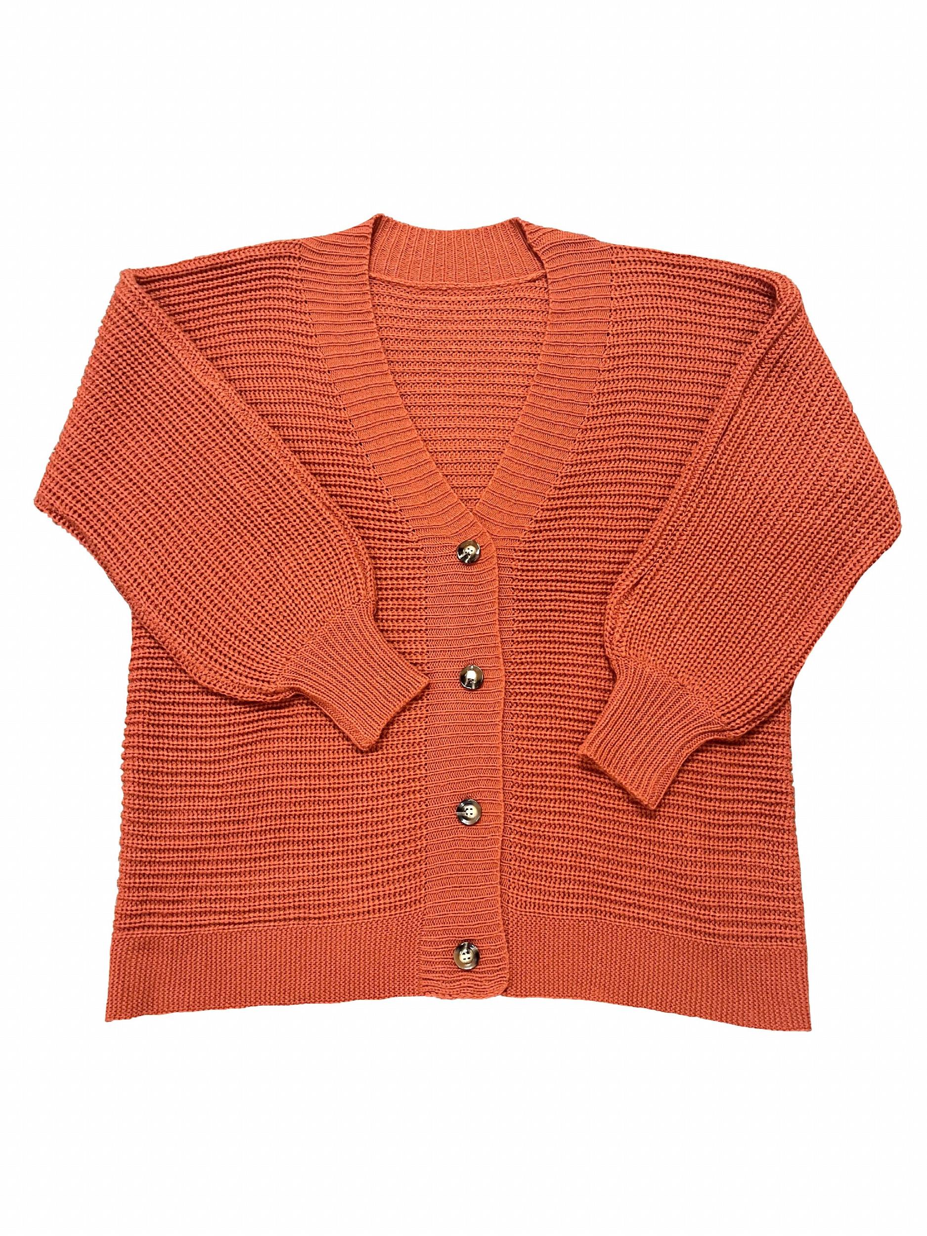 Solid Button Up Lantern Sleeve V Neck Cardigan