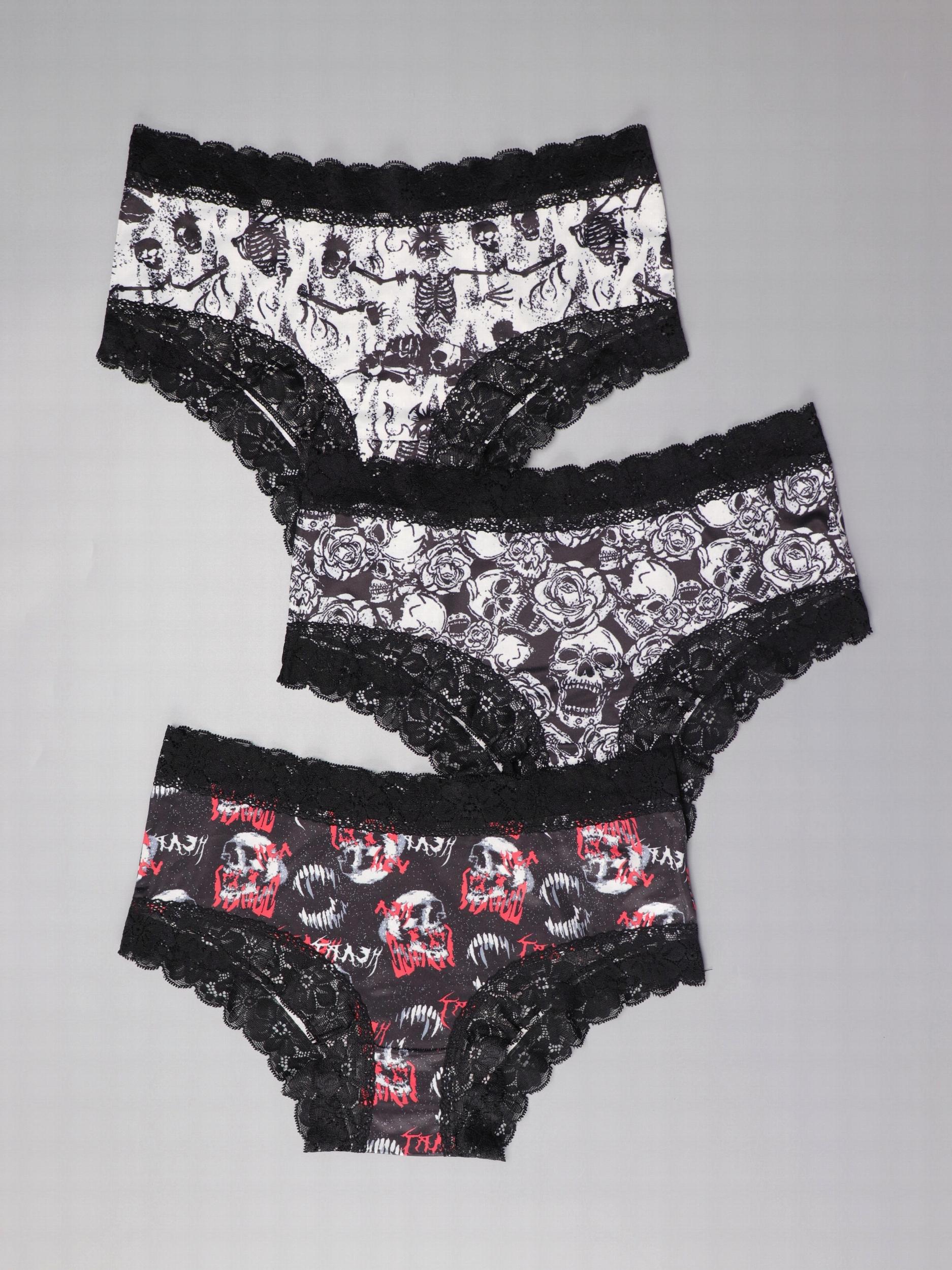 3pcs Gothic Lace Hipster Panties Halloween Skull Print Intimates