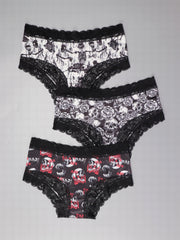 3pcs Gothic Lace Hipster Panties Halloween Skull Print Intimates