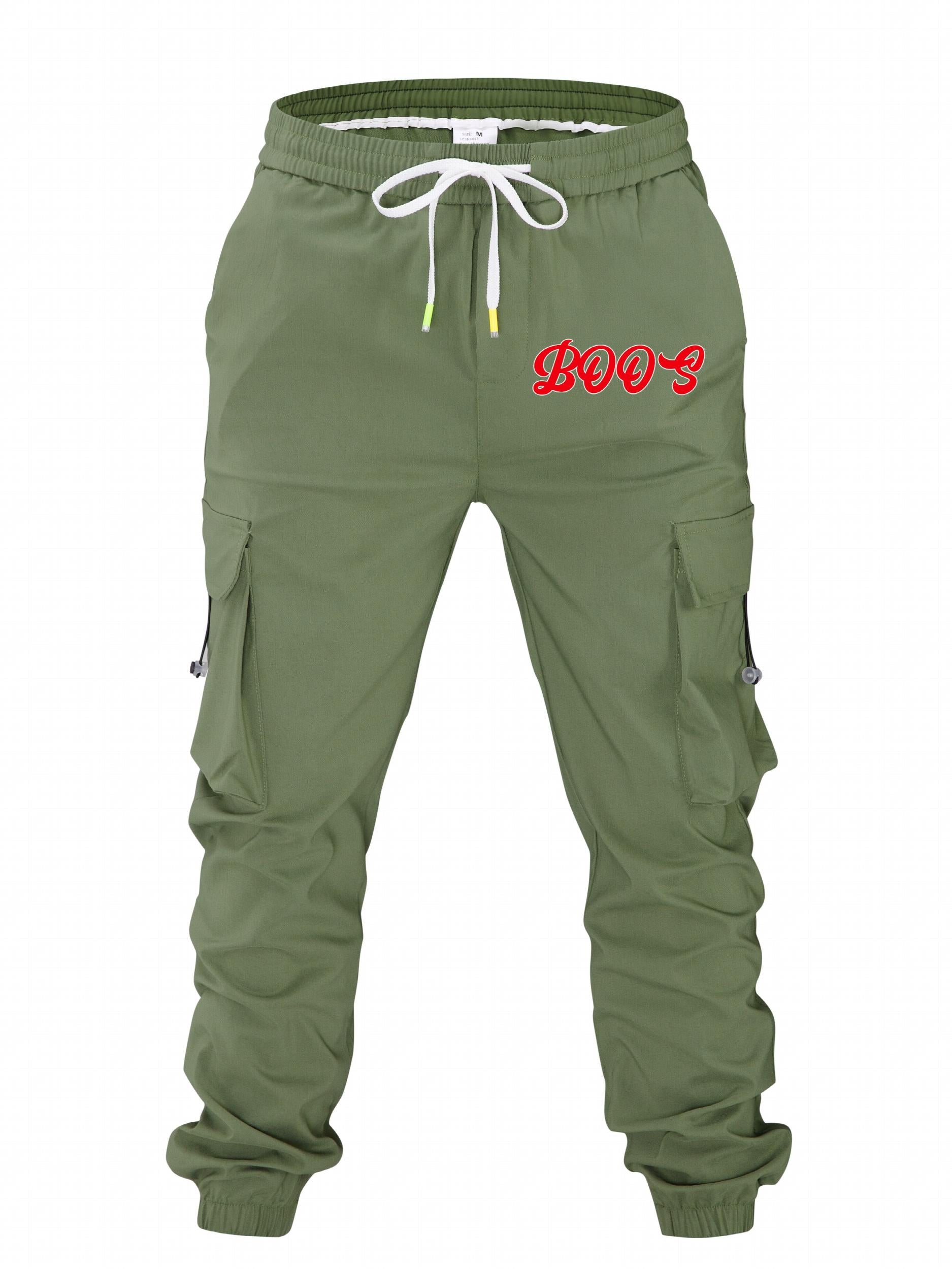 Retro Boos Letter Print Cargo Pants Men's Casual Loose Fit