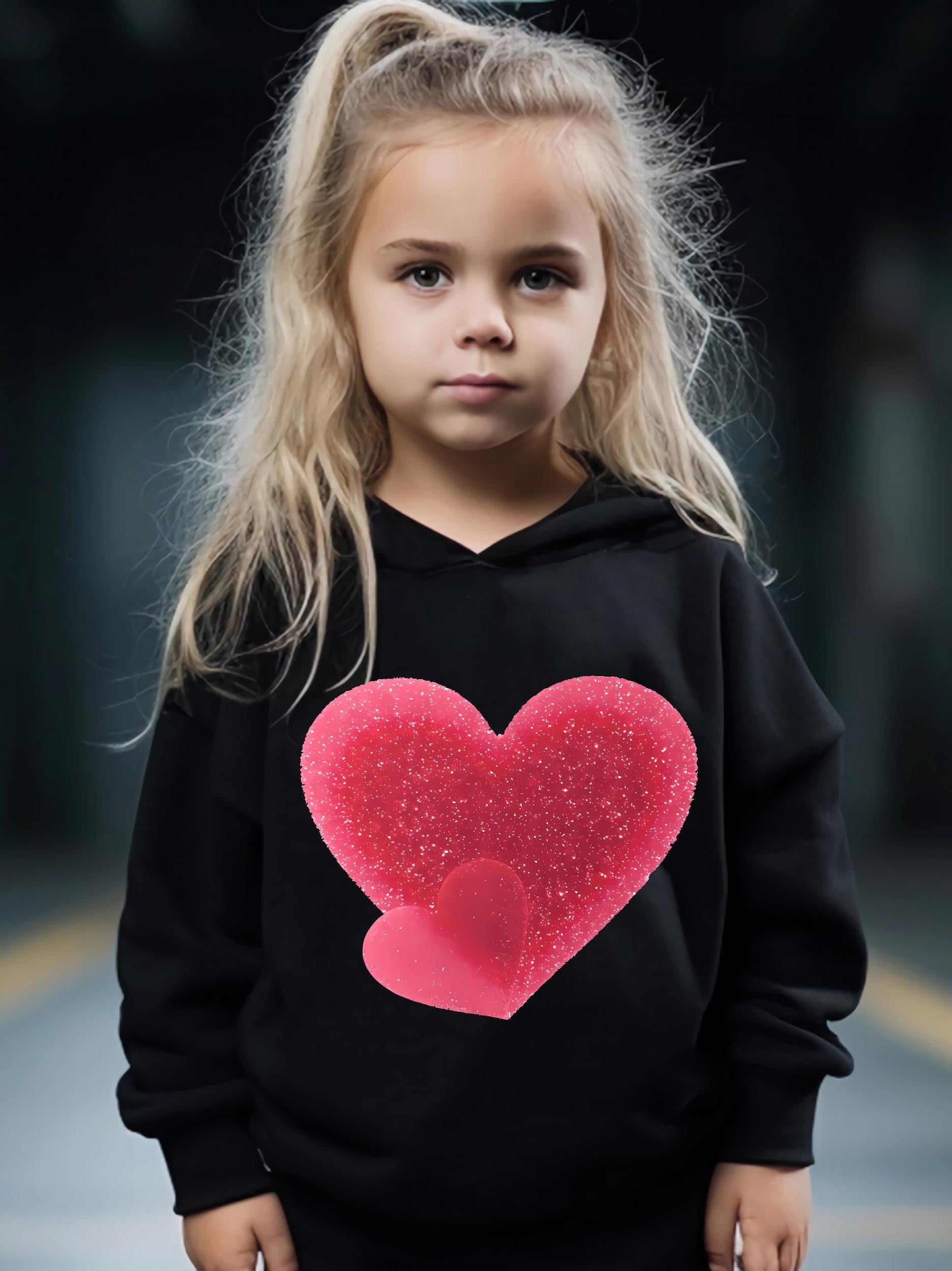 Girls 2pcs Heart Pattern Hooded Sweatshirt and Sweatpants Set