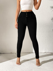 High Waist Solid Fit Women's Denim High Stretch Slash Pockets Slim Trousers