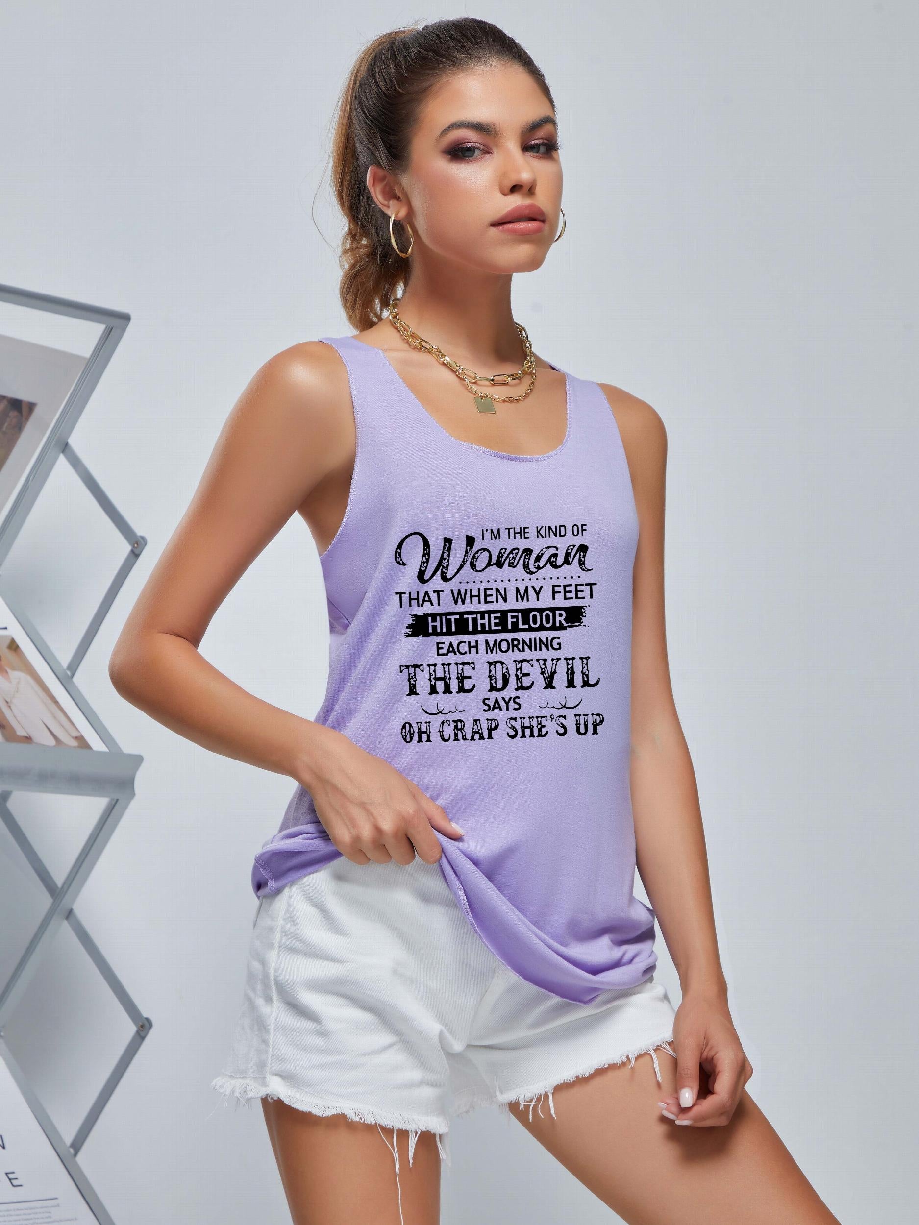 Women's Letter Graphic Tank Top, Round Neck Casual Loose Sports Shirt