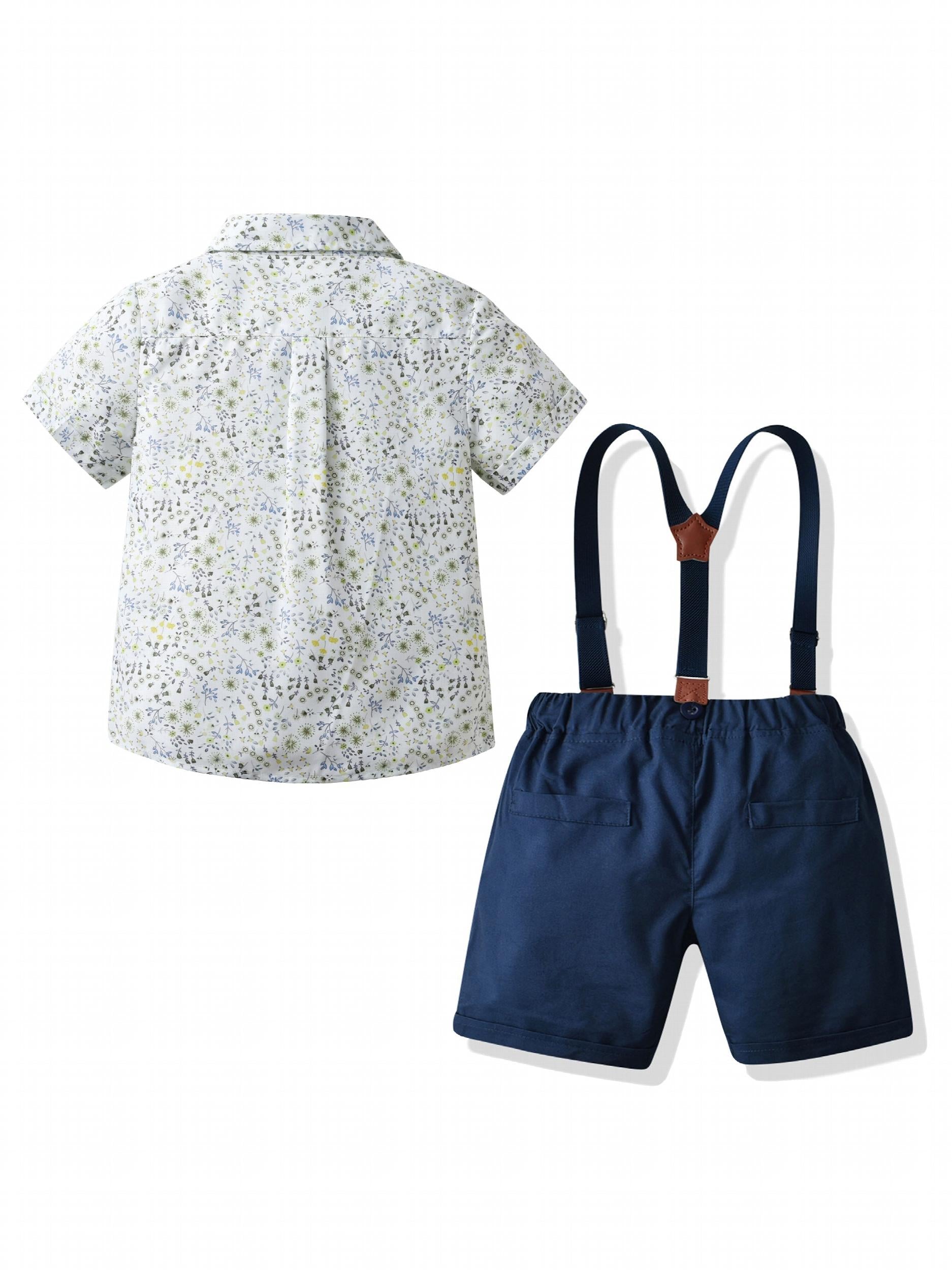 Baby Toddler Boy Floral Shirt Bowtie Suspender Pants Outfit