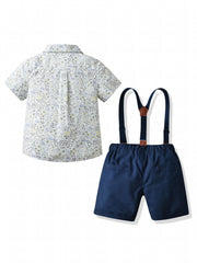 Baby Toddler Boy Floral Shirt Bowtie Suspender Pants Outfit