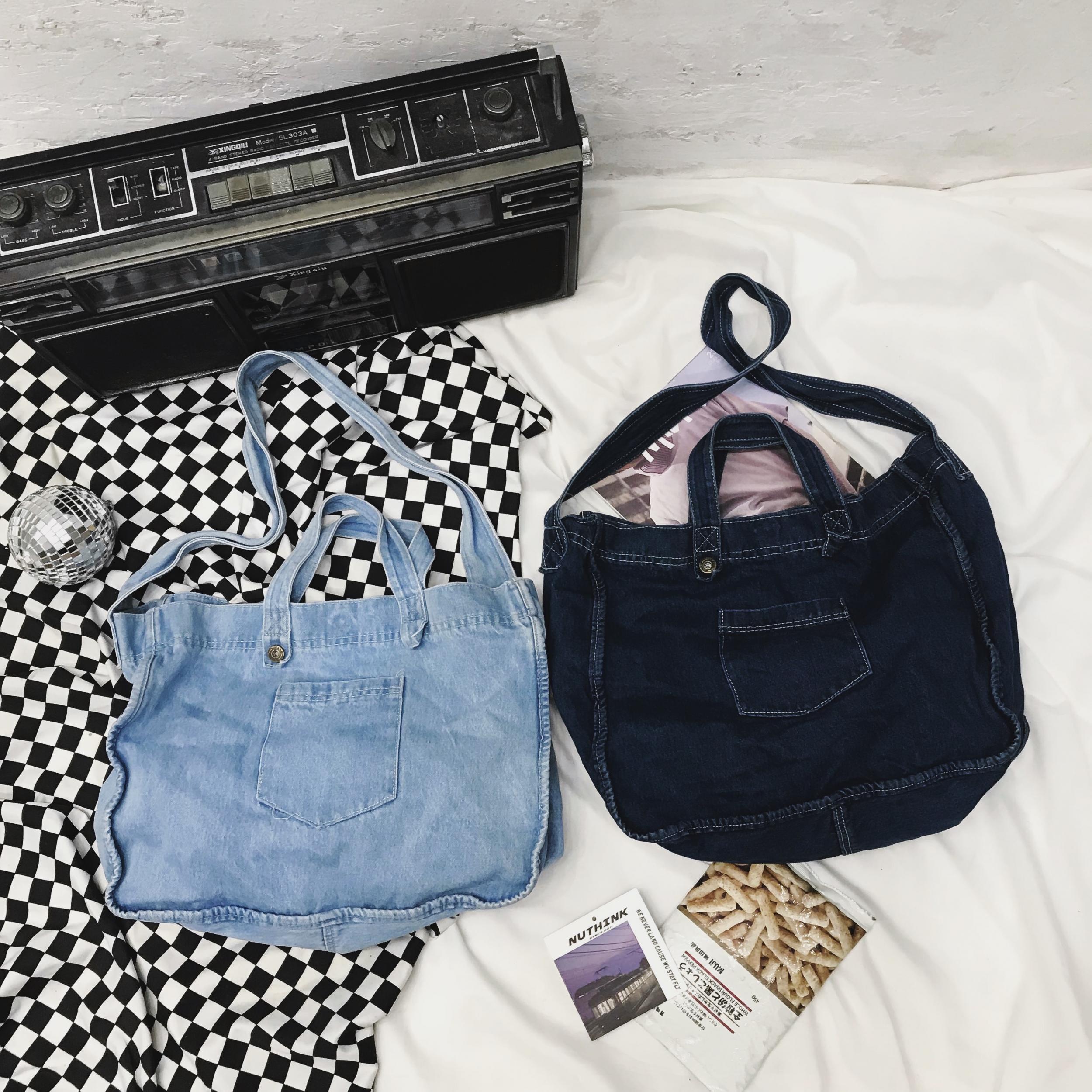 Denim Bag Wide Shoulder Strap Denim Tote Bag Casual Handbag For Women