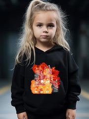 2pcs Big House Print Girls Hoodies Jogger Pants Set For Sports