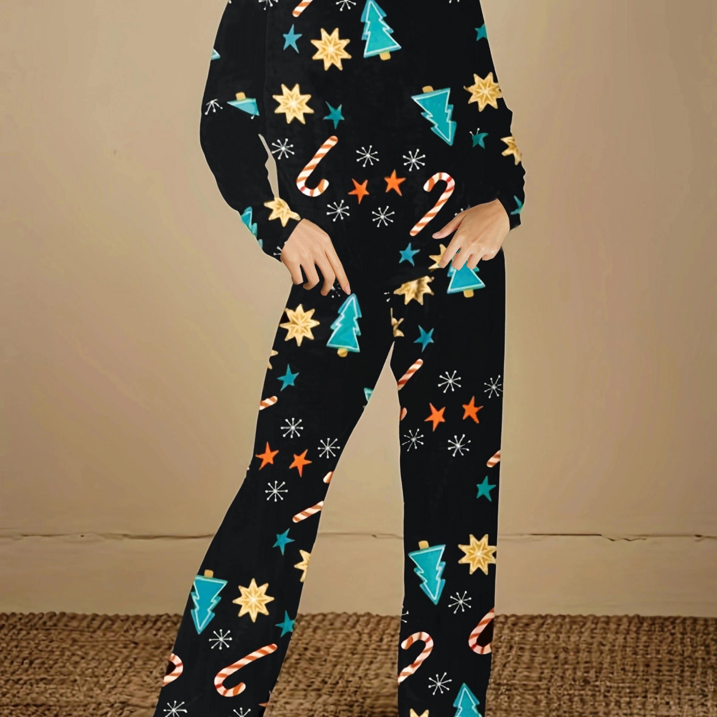 Christmas Print Lounge Set Long Sleeve Top & Pants Women's Loungewear