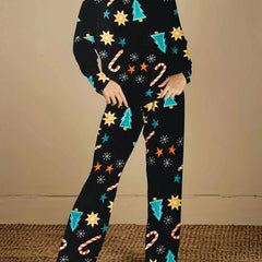Christmas Print Lounge Set Long Sleeve Top & Pants Women's Loungewear