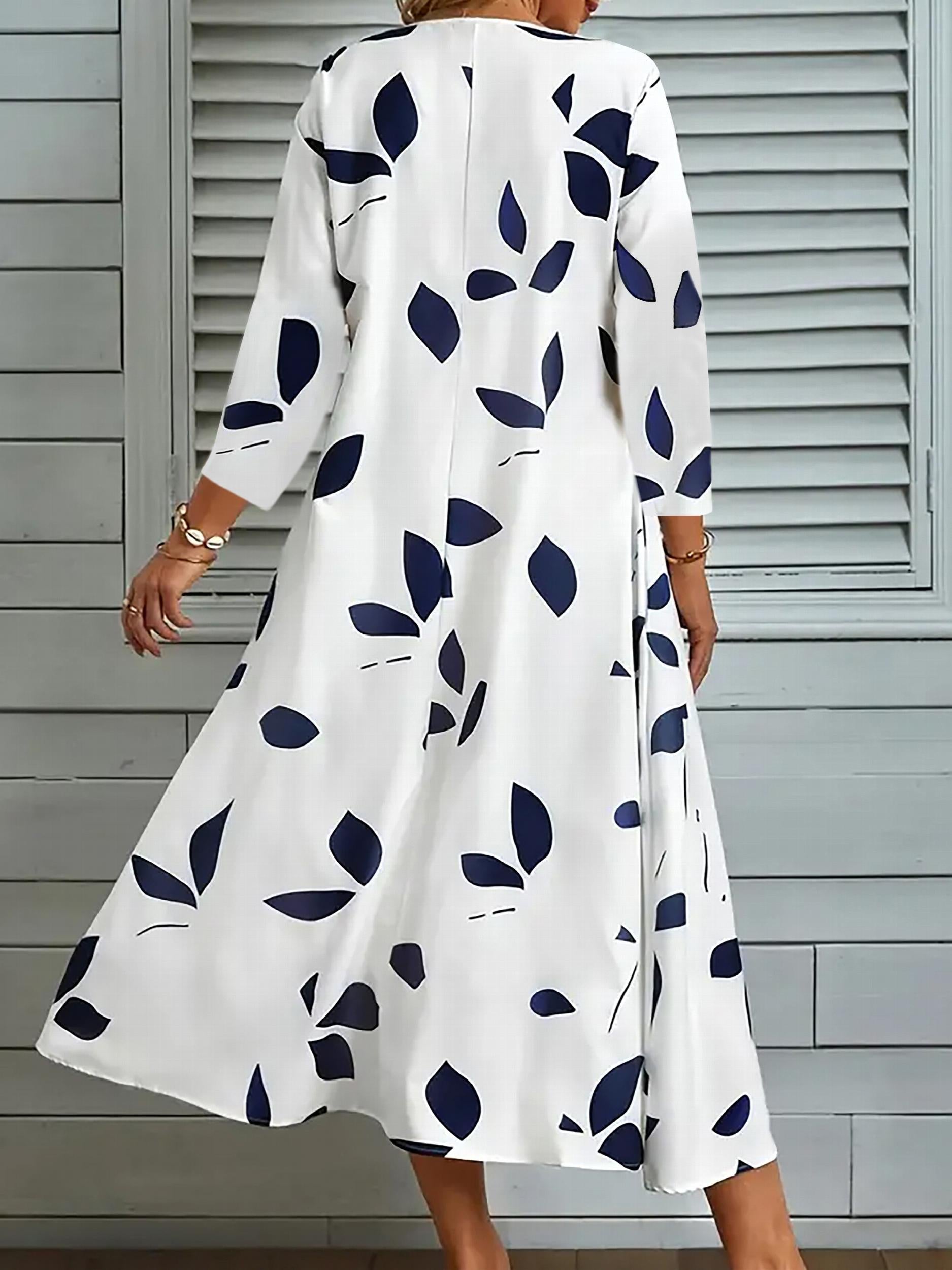 Leaf Print Three Quarter Sleeve Loose Fit Dress
