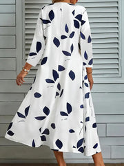 Leaf Print Three Quarter Sleeve Loose Fit Dress
