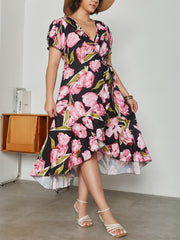 Floral Print Puff Sleeve Wrap Dress