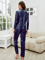 Floral Satin Pajama Set Long Sleeve Top & Cozy Pants Women's Loungewear