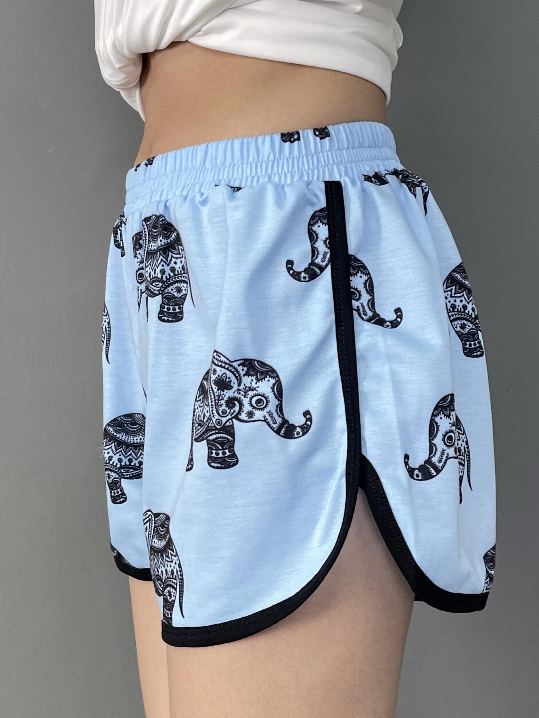 Elephant Print Contrast Trim Shorts Casual Elastic Waist Shorts